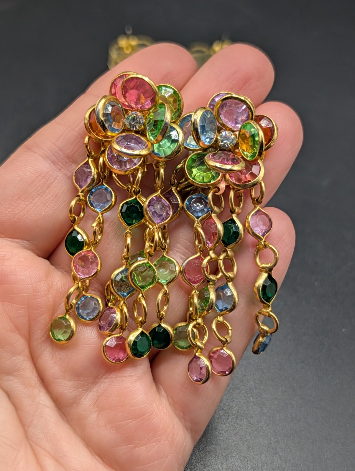 2 Pairs of Vintage Crystal Floral Cluster Gold Tone Earrings