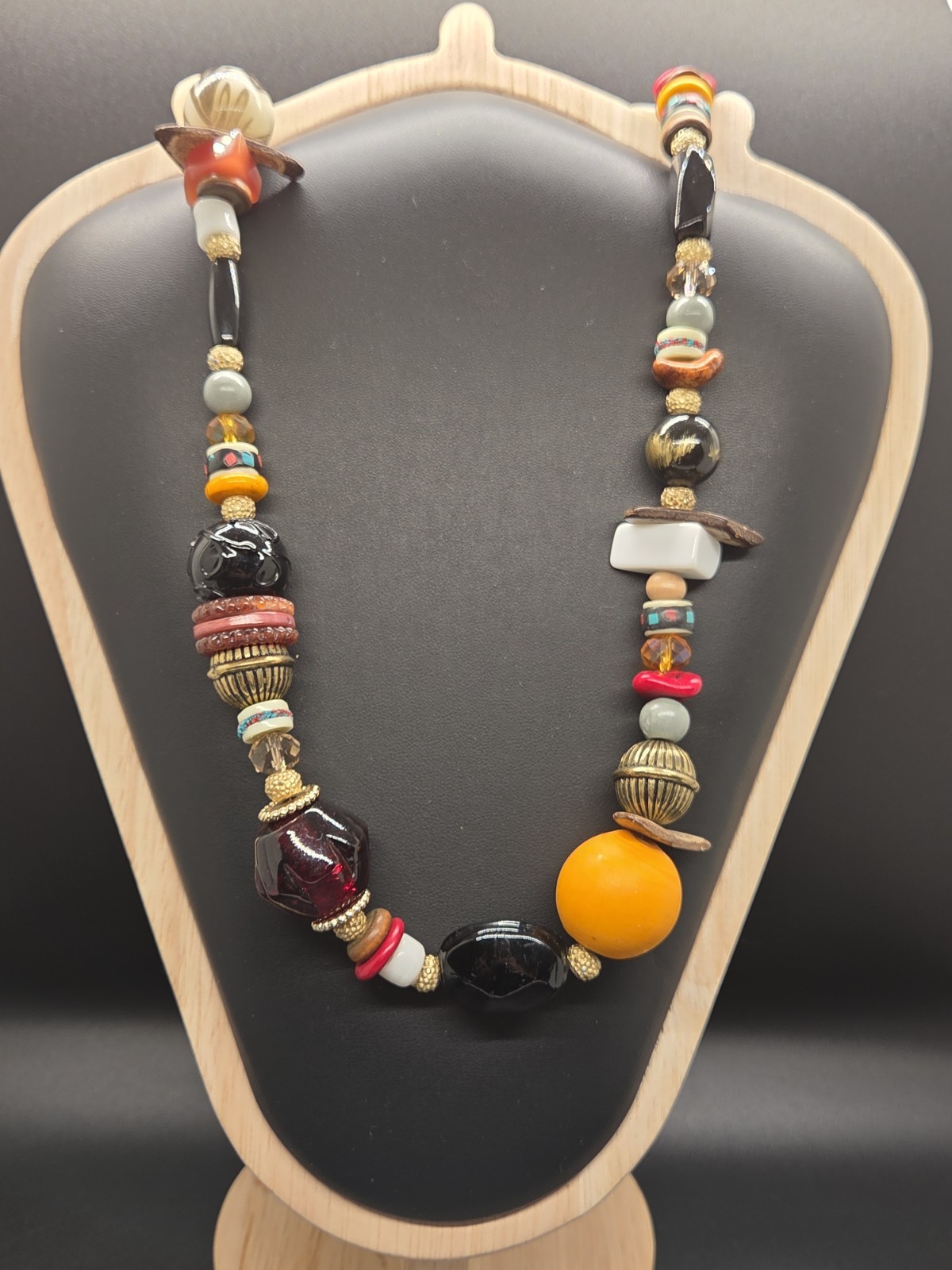 VTG Boho Necklace Artisan Glass Ceramic Lucite Stone Wood Fun Festival Beads 28″