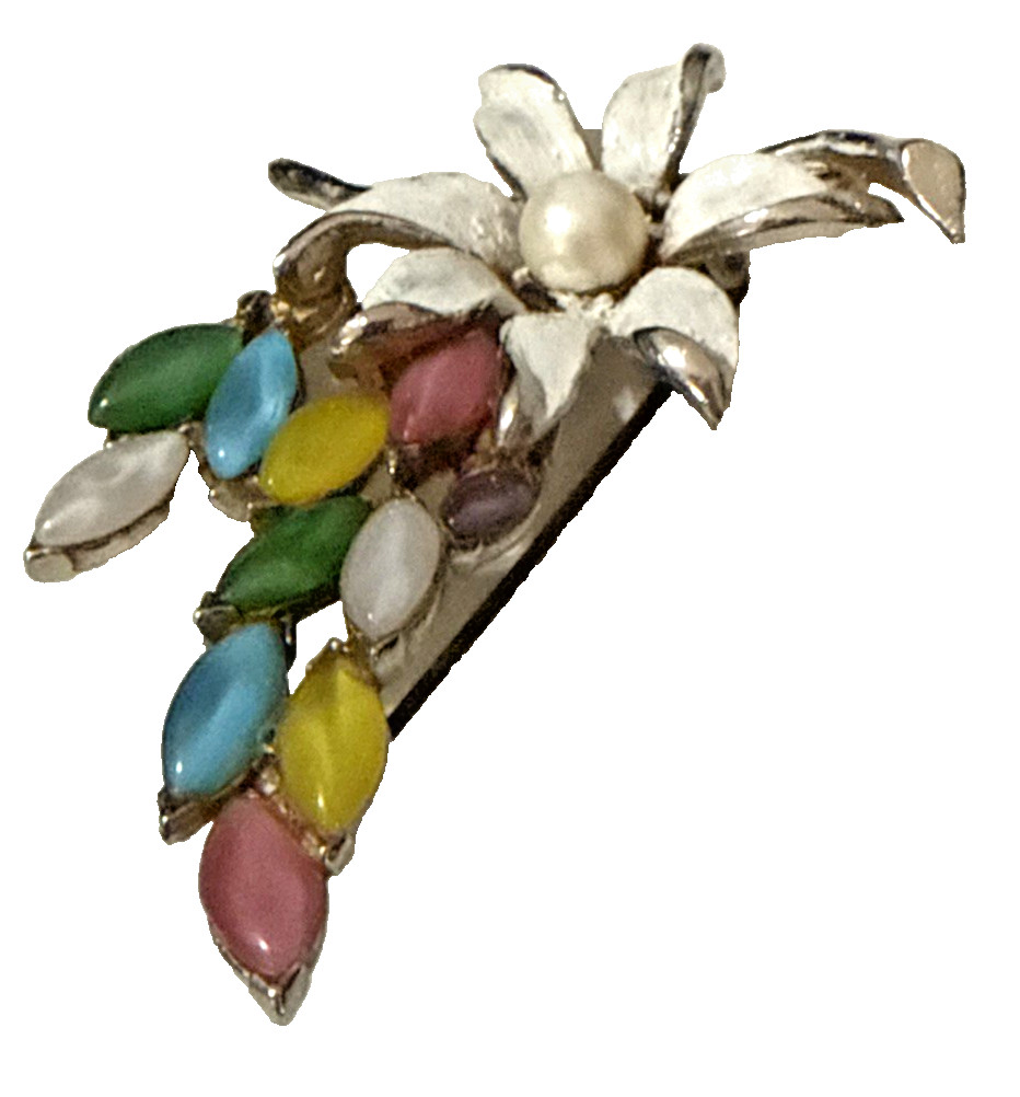 Vintage Floral Brooch Purple Pink Blue Yellow Cabochon White Enamel Pin 2.5″