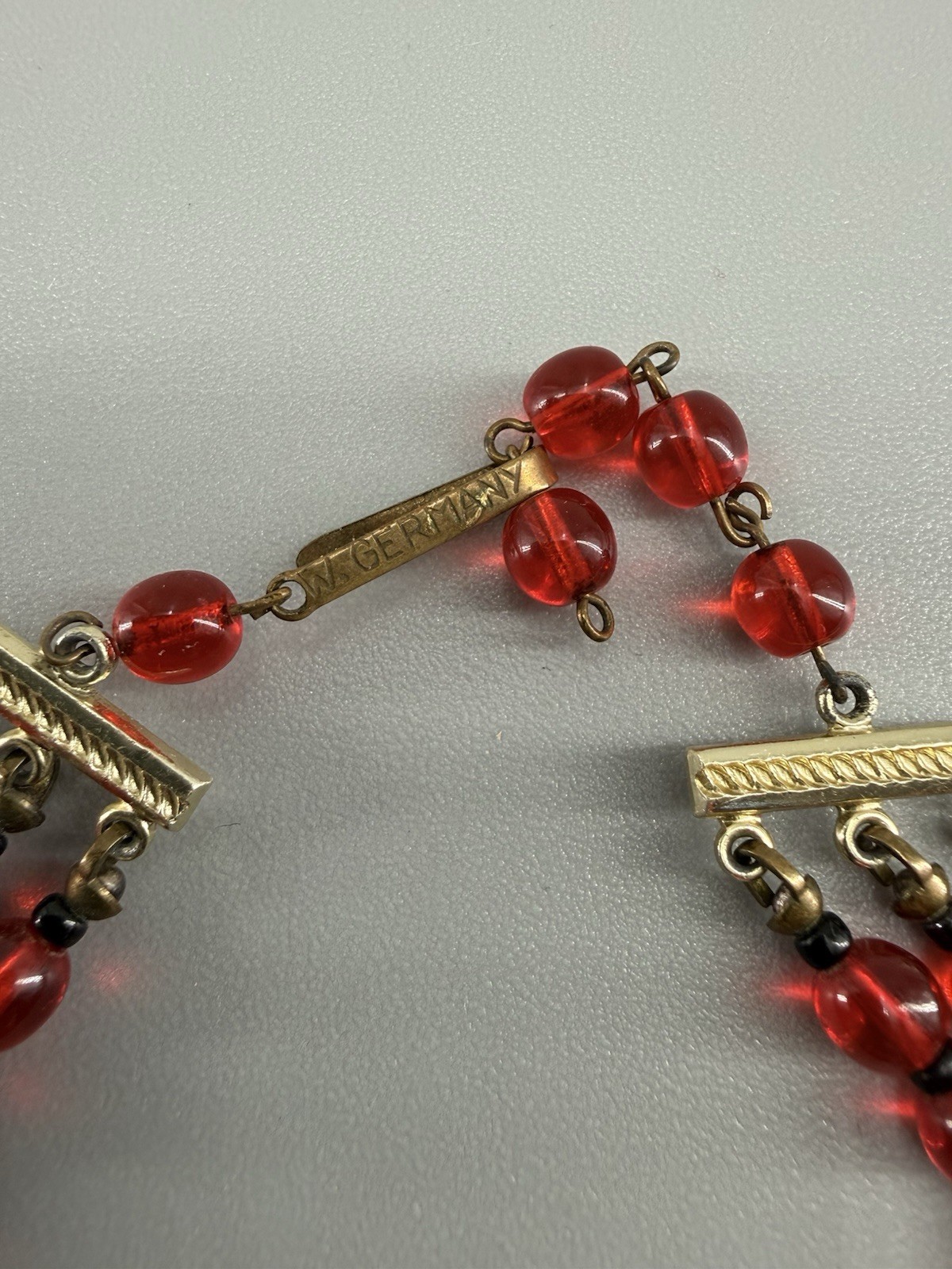 Vintage West Germany Ruby Red Glass Bead 3 Strand Necklace Art Glass Accent