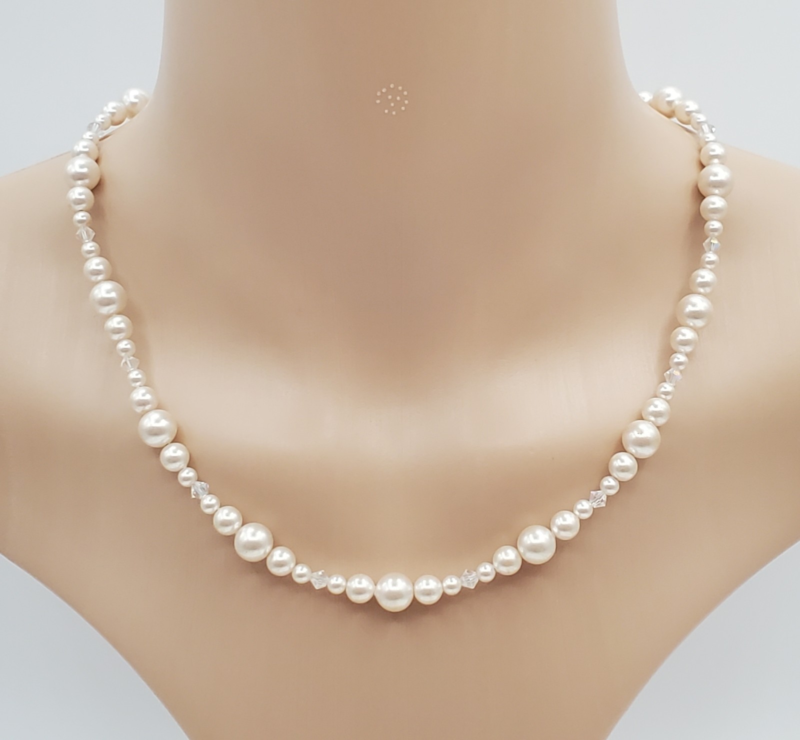 VTG 925 Faux Pearl Bicone Crystal Necklace 18in Sterling Silver 24gtw Estate