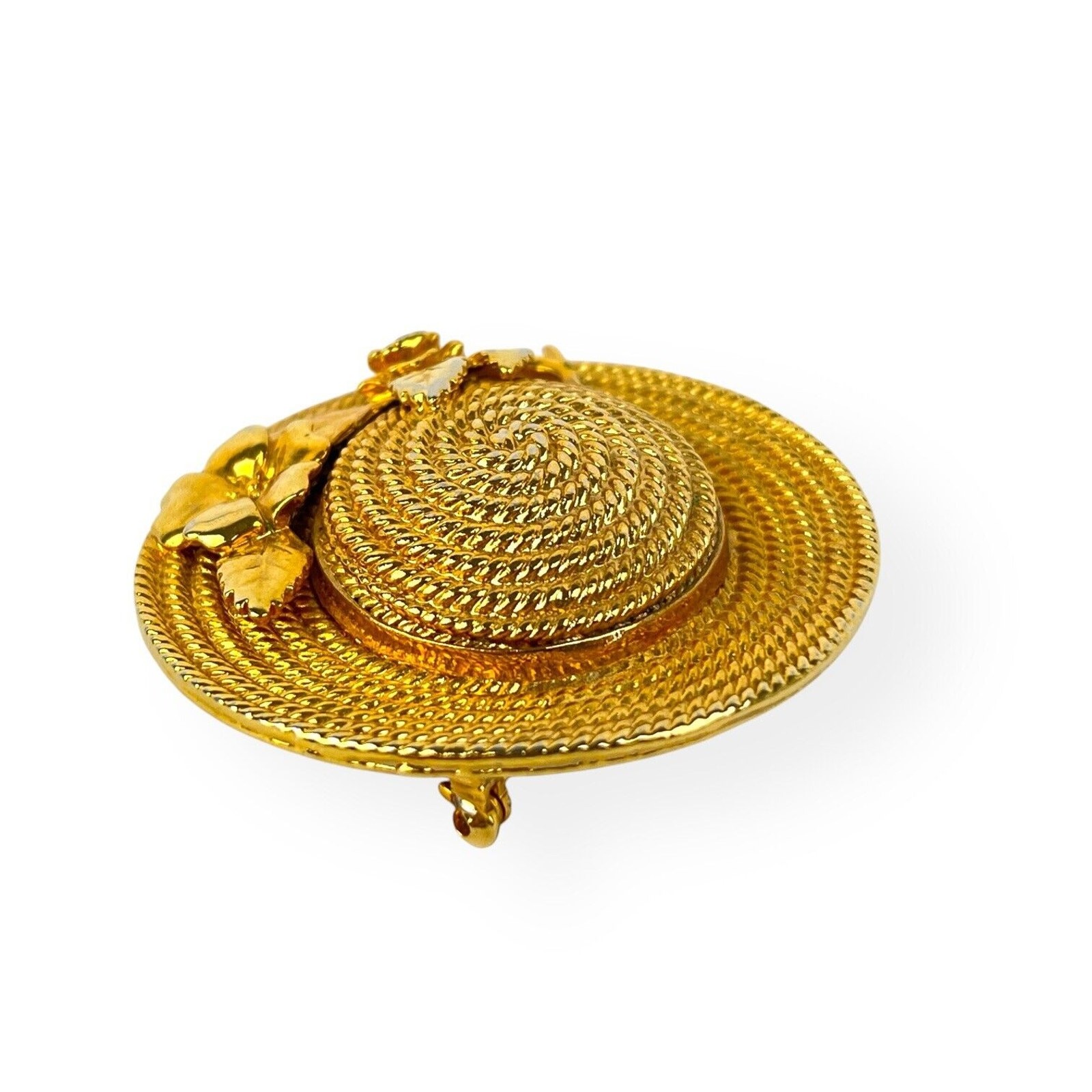Brooch Sun Hat Gold Tone Pin Textured Shiny Spring Garden Flowers Fashion Vtg