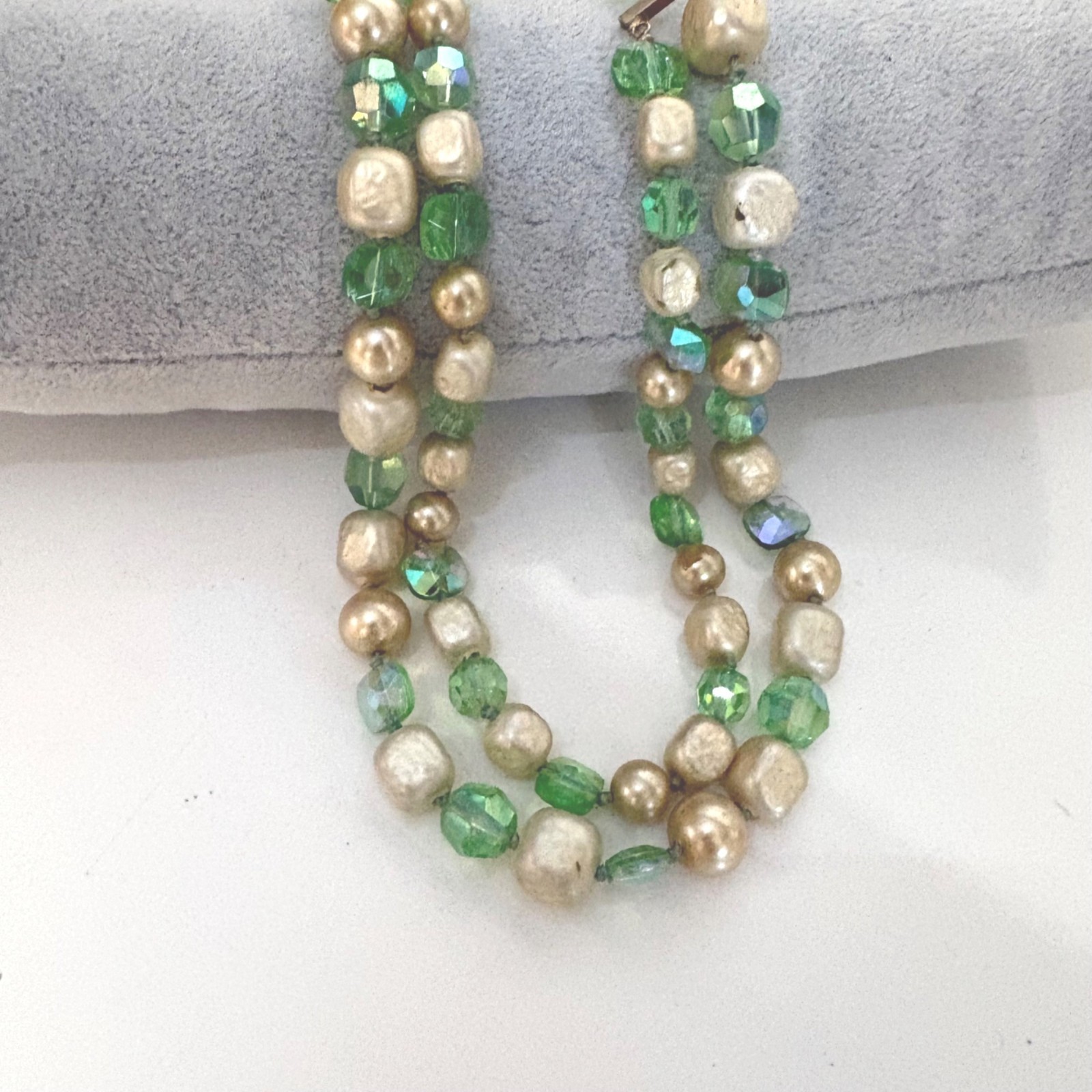 Vintage Double-Strand Necklace with Green and Faux Pearl Beads Hook Clasp