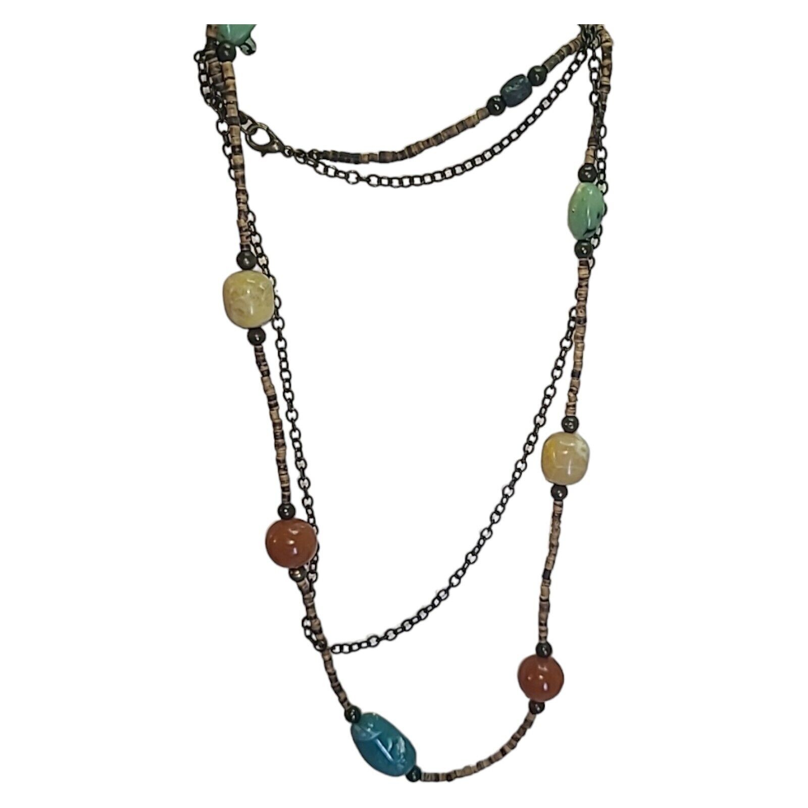Vintage Boho Coconut Shell & Multi-color Acrylic Bead Station Necklace 32″
