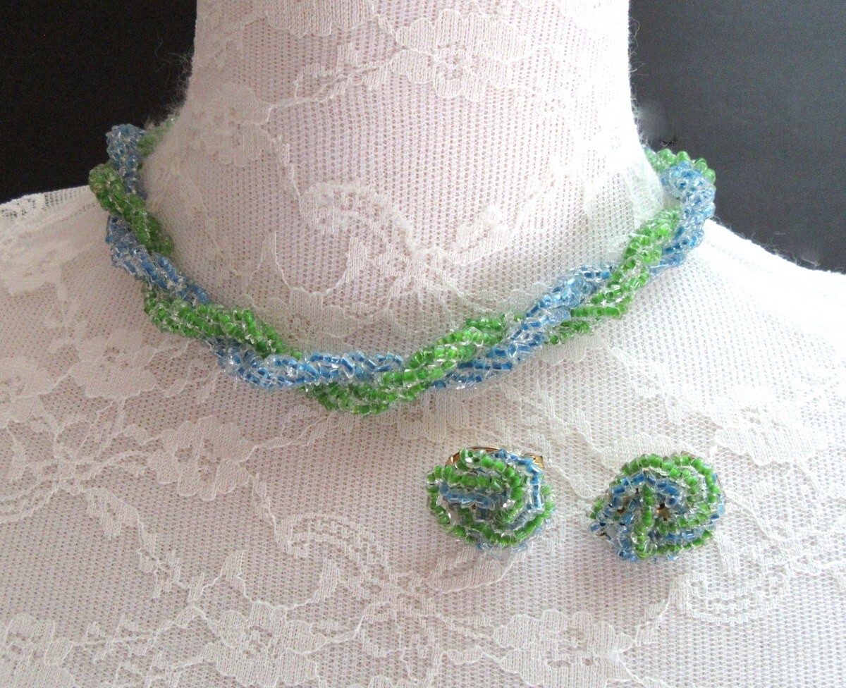 Vintage Blue & green beaded necklace & clip on cluster earrings set – Japan MCM