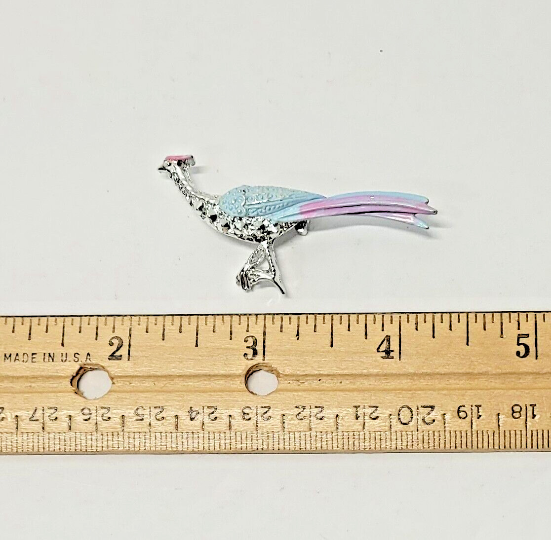 Pheasant Vintage Silver tone Pink & Blue Enamel Brooch Approximately 2 1/4 in.