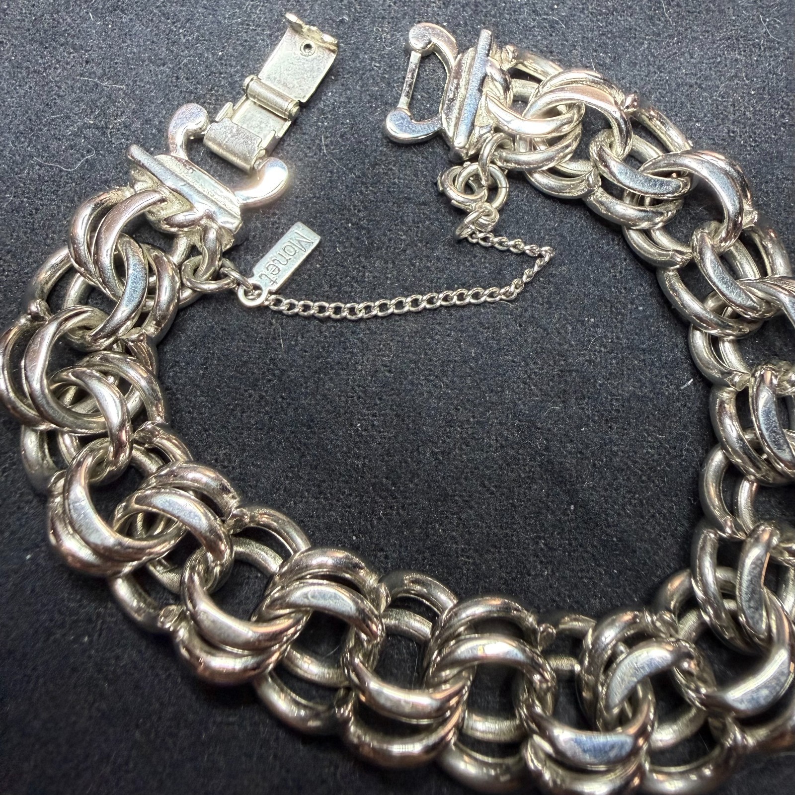 Monet Vintage Silver Tone Chunky Double Link Bracelet 7″ Heavy 49g Safety Chain