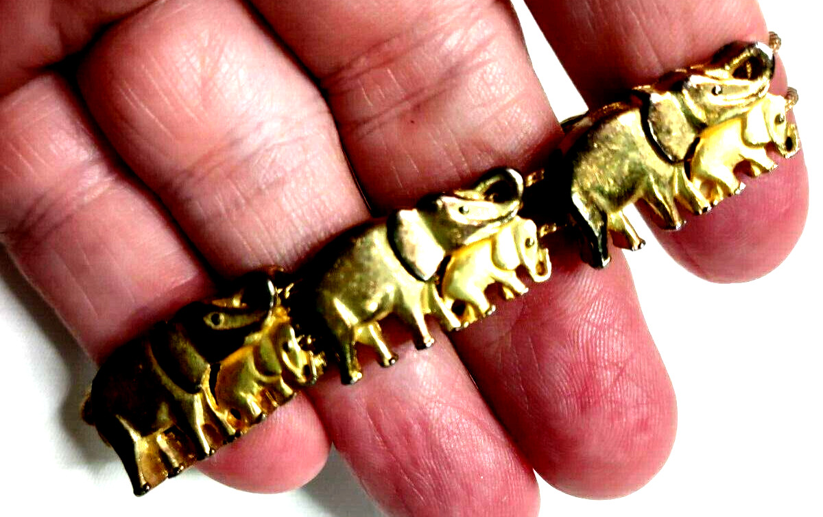 Charm Slide Bracelet Gold Tone Metal VTG Elephant Mom & Baby Double Chain