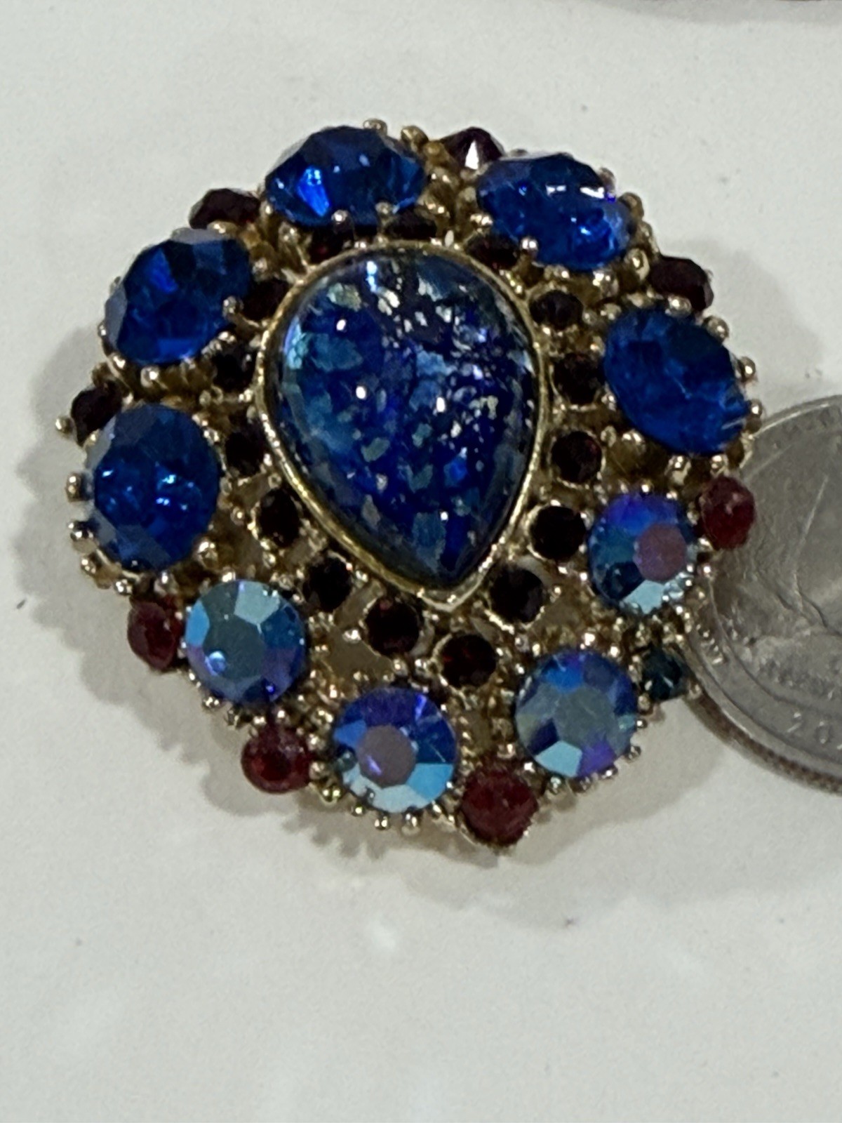 Vintage Brooch Center Teardrop Colbalt Blue AB Rhinestone Ruby Red Accent Stones