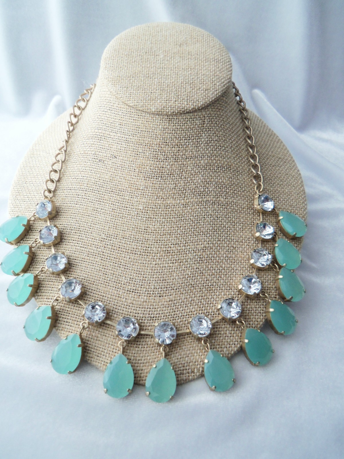 Danielle Stevens Mint Green Lucite Crystal Stones Fringe Bib Statement Necklace