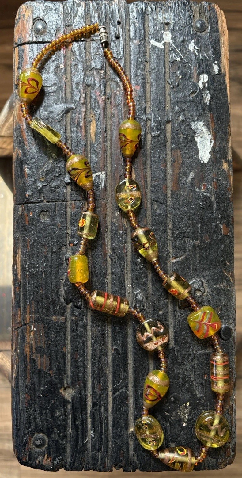 Vintage Hand Blown Glass Beaded Necklace 24”Iridescent Yellow Gold Black Red MCM
