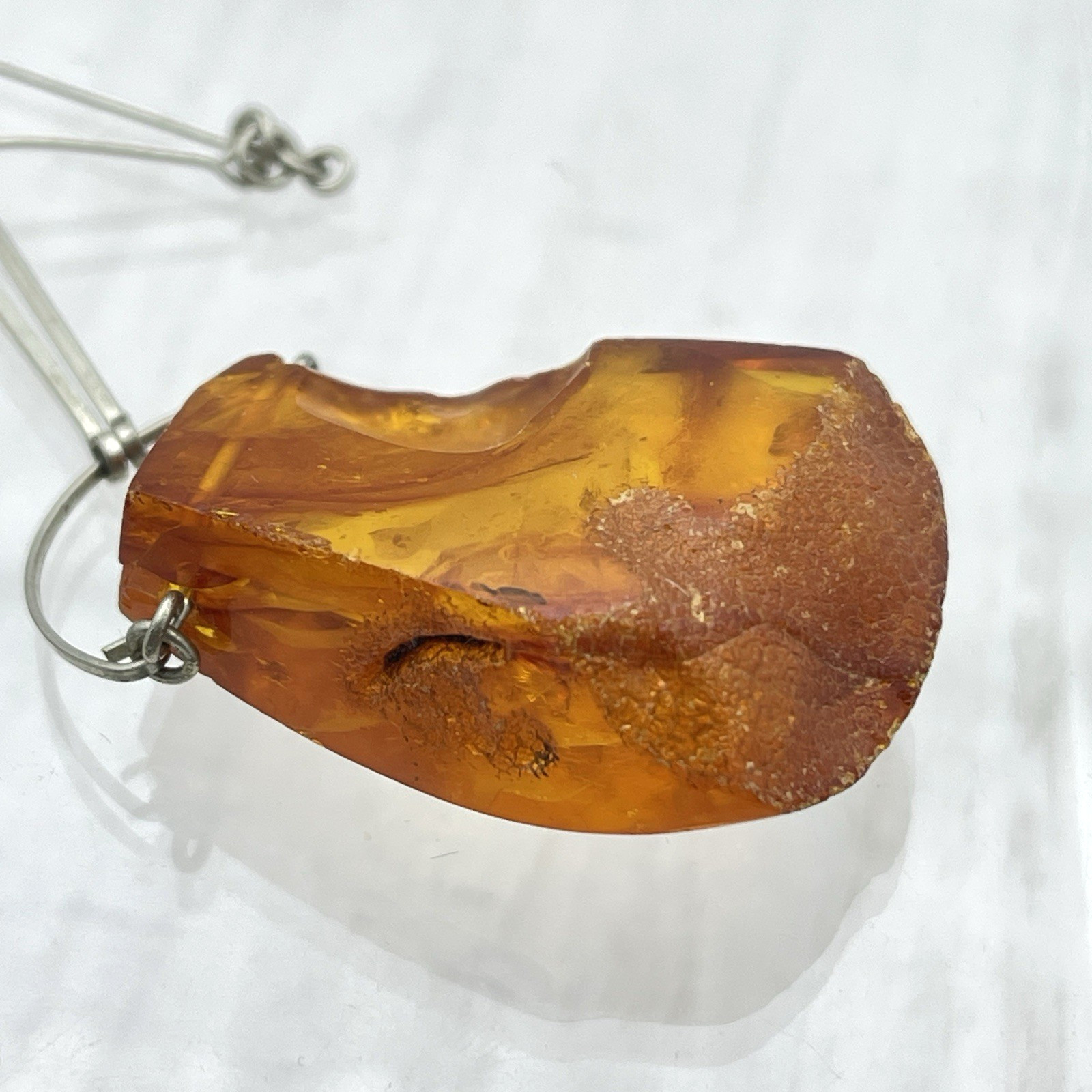 Genuine Baltic Amber Pendant Necklace Vintage Modernist Artisan Wire Chain Honey