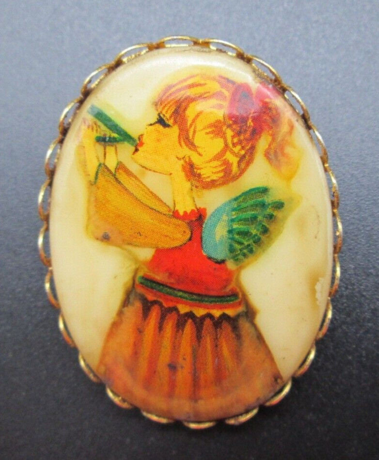Angel Holiday Painted Porcelain Brass Portrait Brooch Pin Estate *Corrosion Back