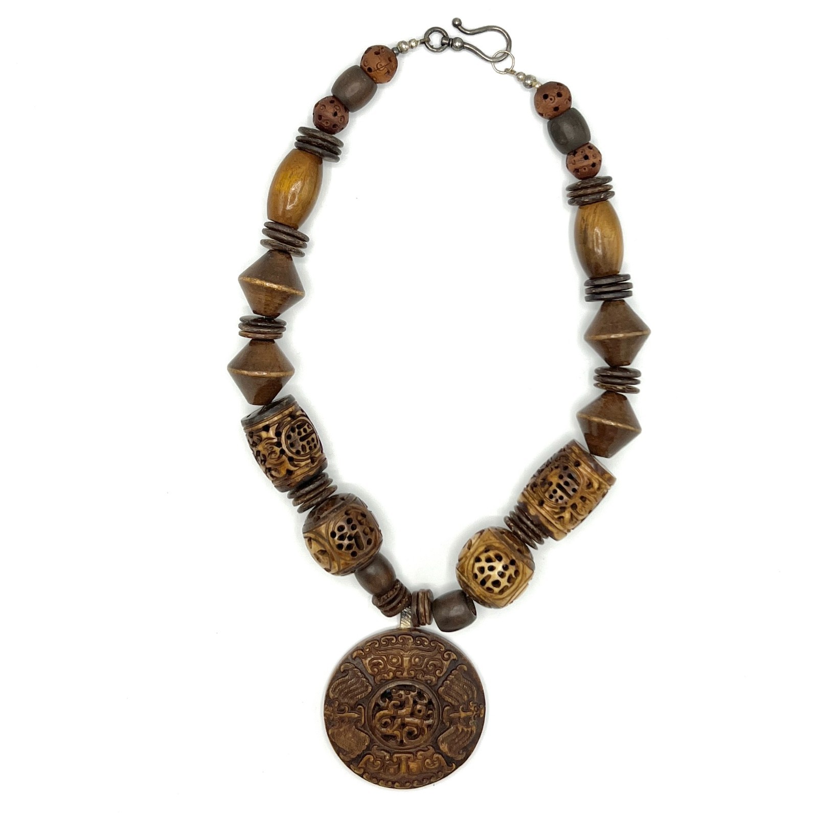 Chunky Vtg Artisan Carved Wood Bead Necklace-Asian Style Ceramic Medal Pendant