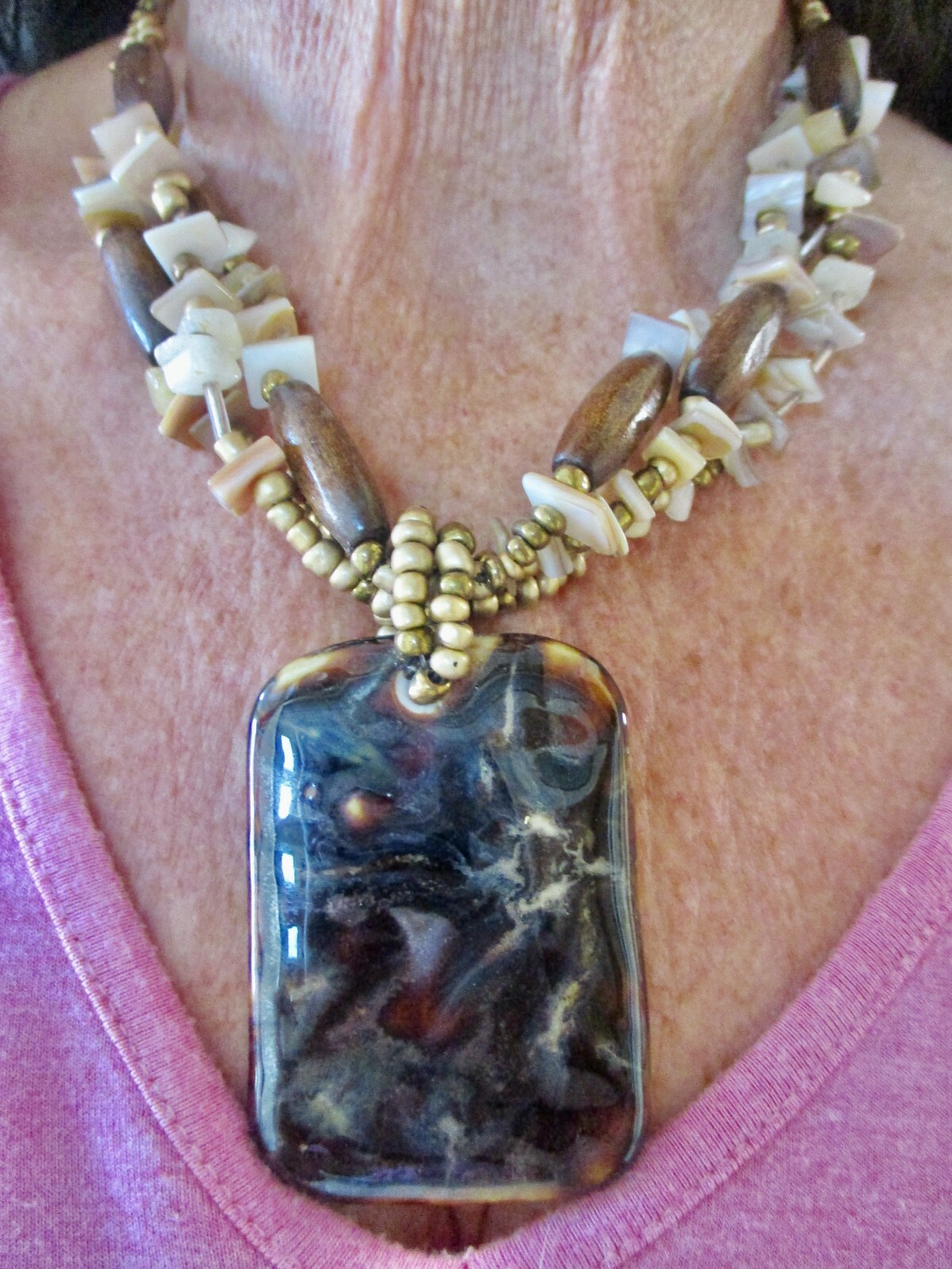 Vintage Bronze Tone Ceramic Statement Necklace w/Shells and Beads Adjustable