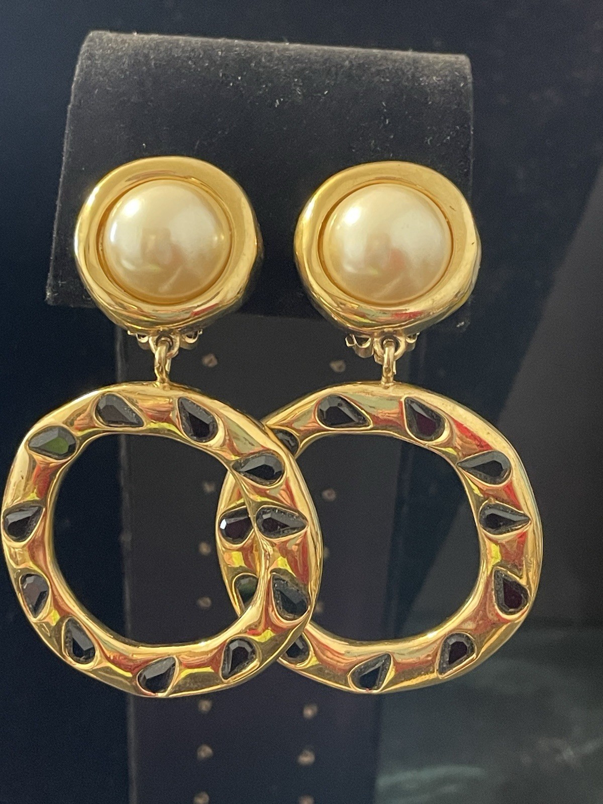 Givenchy Vintage Hoops Earrings Gold Pearl Drop Dangle Black ‘Onyx” Clip Ons