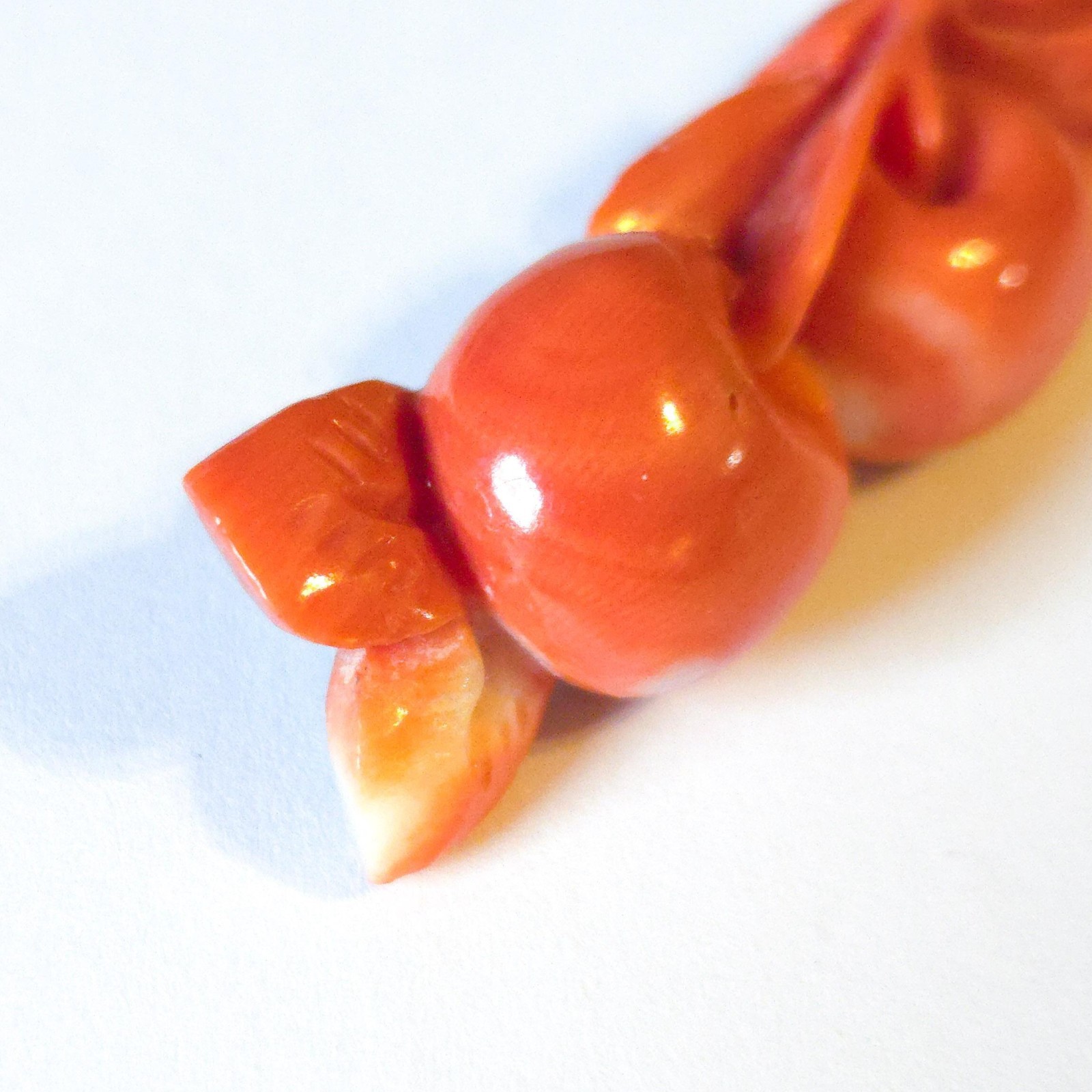 Antique Mediterranean Salmon Coral Hand Carved Cherry Brooch