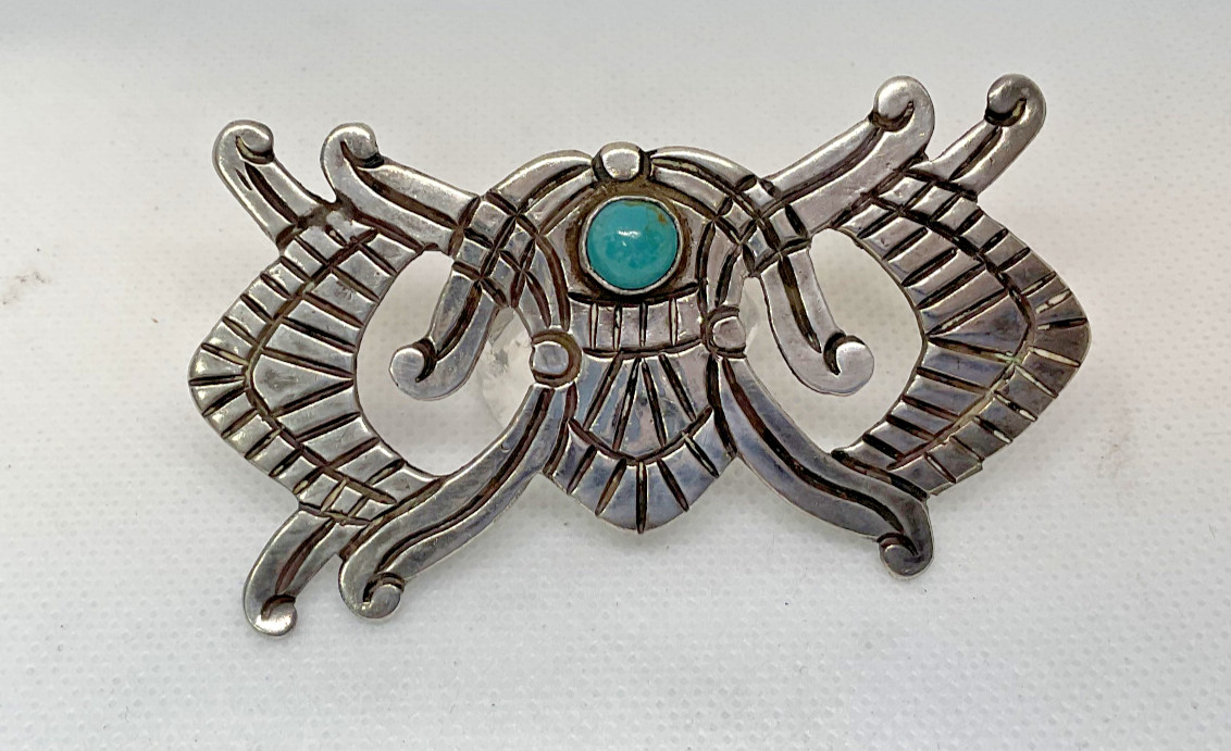 Early Hector Aguilar Taxco Mexican 980 Silver Turquoise Pin Signed 1940’s