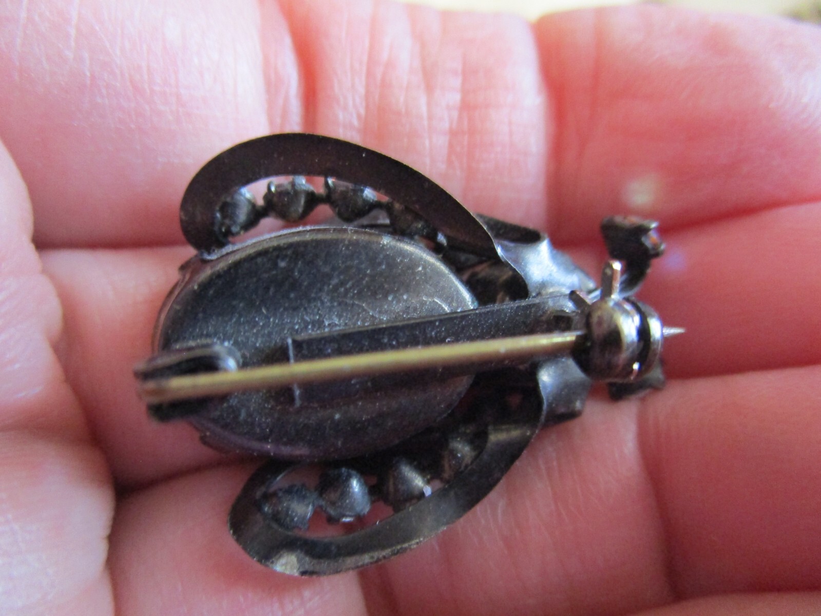 Unsigned Warner Vintage Bug Brooch, Brown/white rhinestone dark metal FE24-19