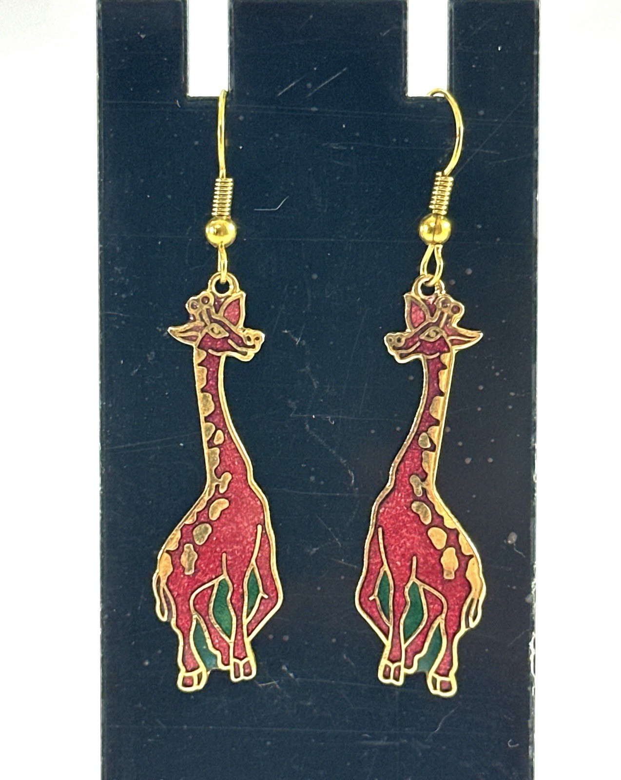 Vintage Giraffe Dangle Earrings Gold Tone Red Green Enamel Safari Animal 1.75”