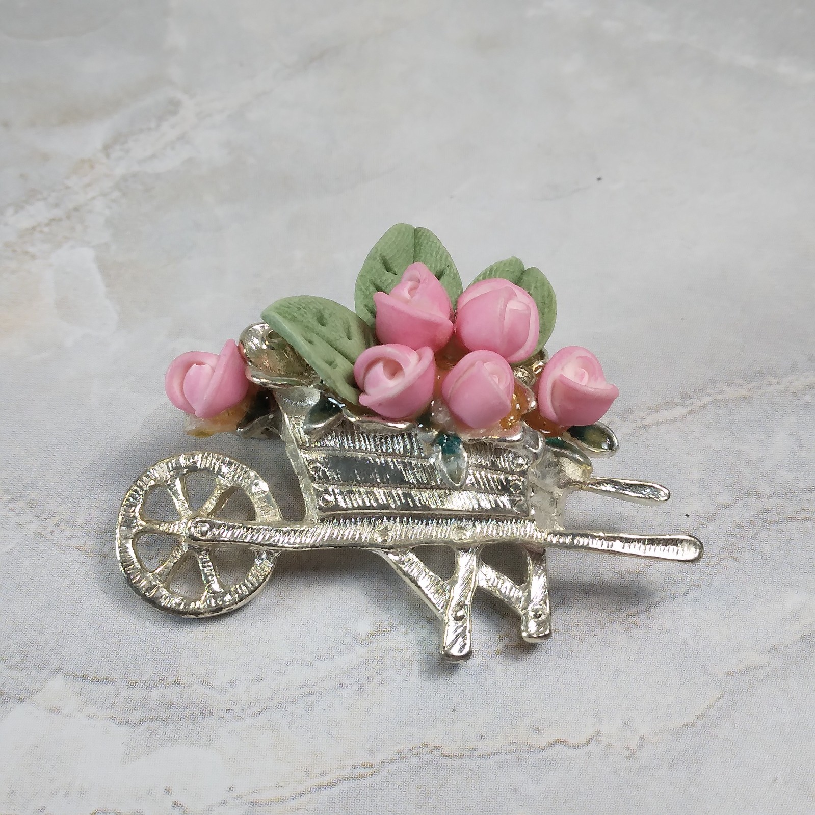 Vintage Silver Tone Wheelbarrow Cart w/Enameled Pink Rose Bud Bouquet Brooch Pin