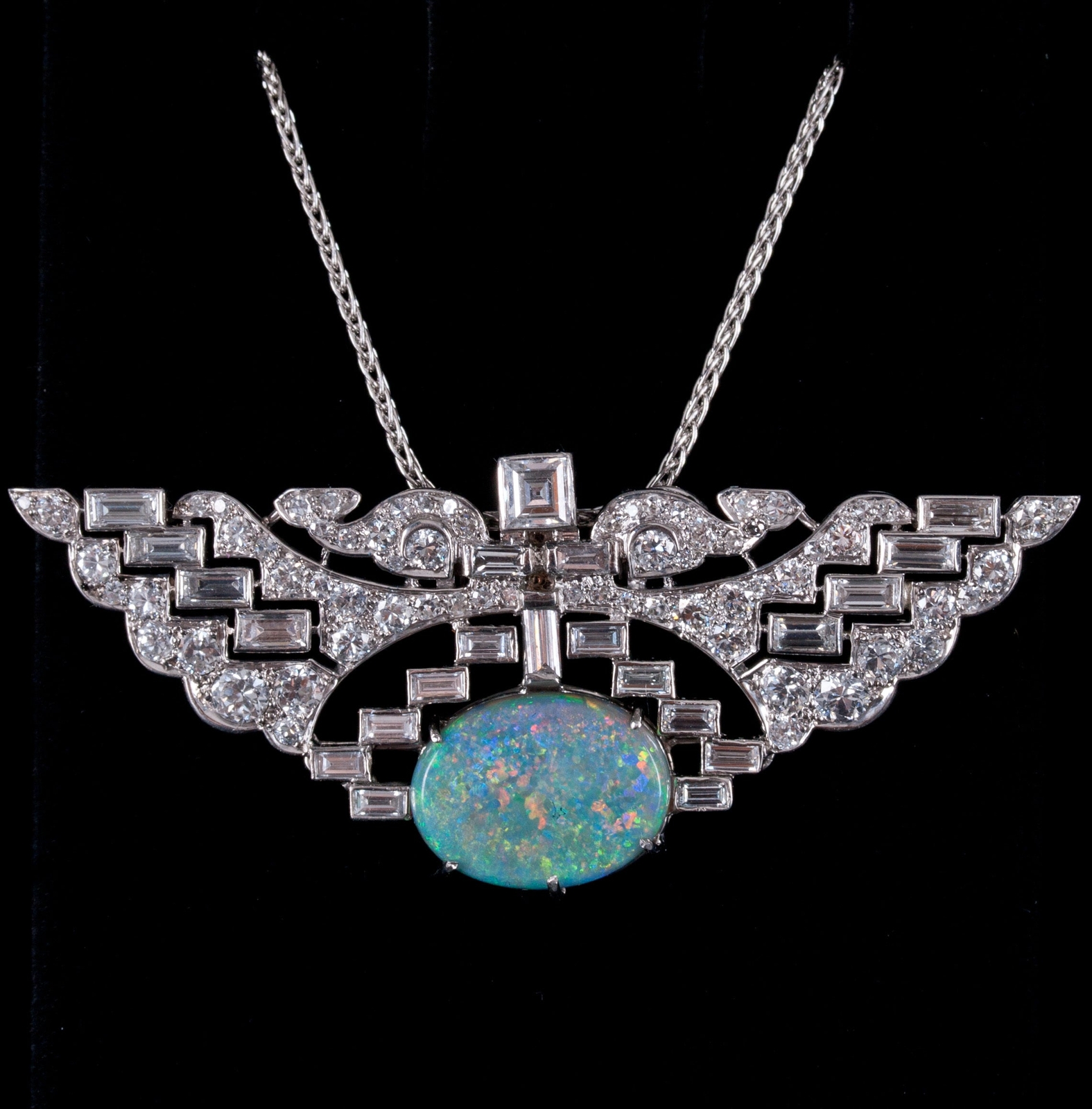 Vintage 1930’s .950 Platinum Oval Cabochon AAA Opal Diamond Necklace 7.89ctw