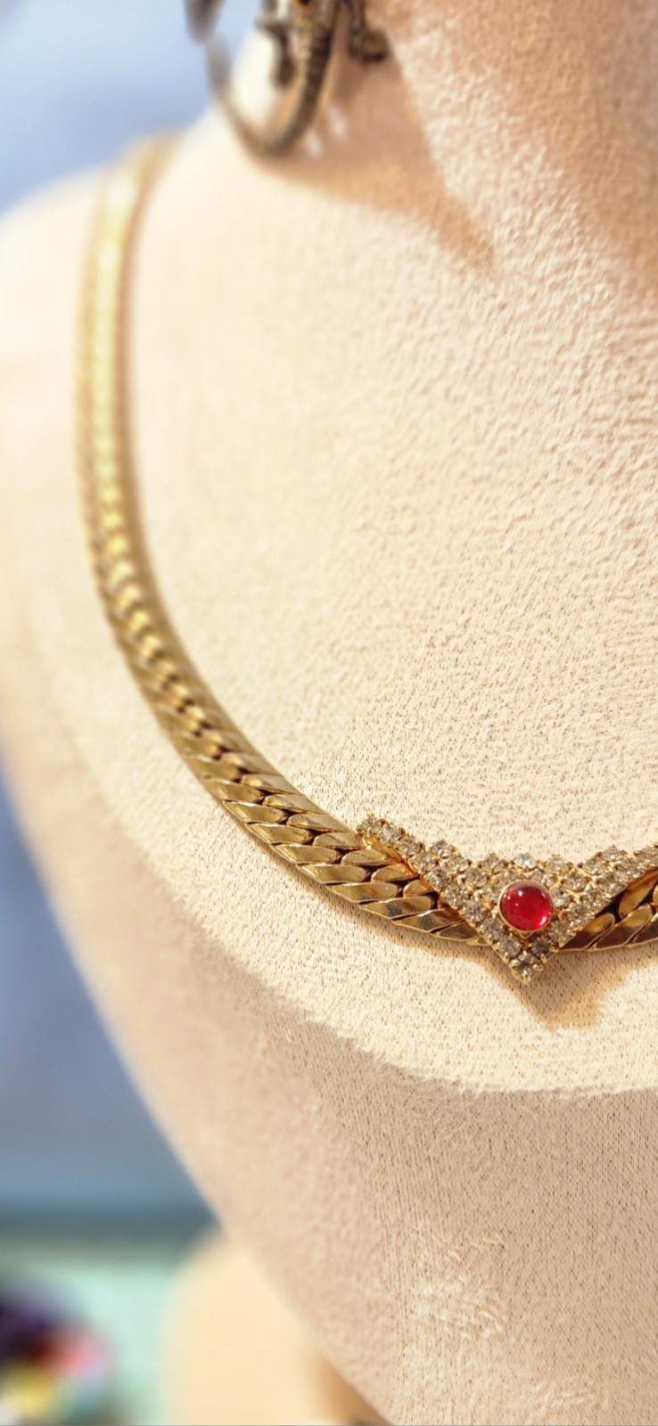 Flat Gold-toned Necklace V Shape Rhinestones Station Pendant & A Red Dot Glass