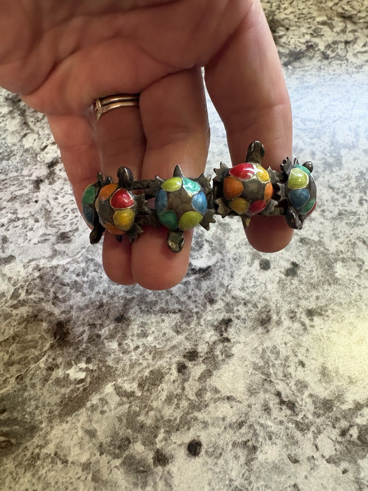Vintage Turtle Bracelet Silver Tone Metal Green Enamel Floating Enamel Turtles