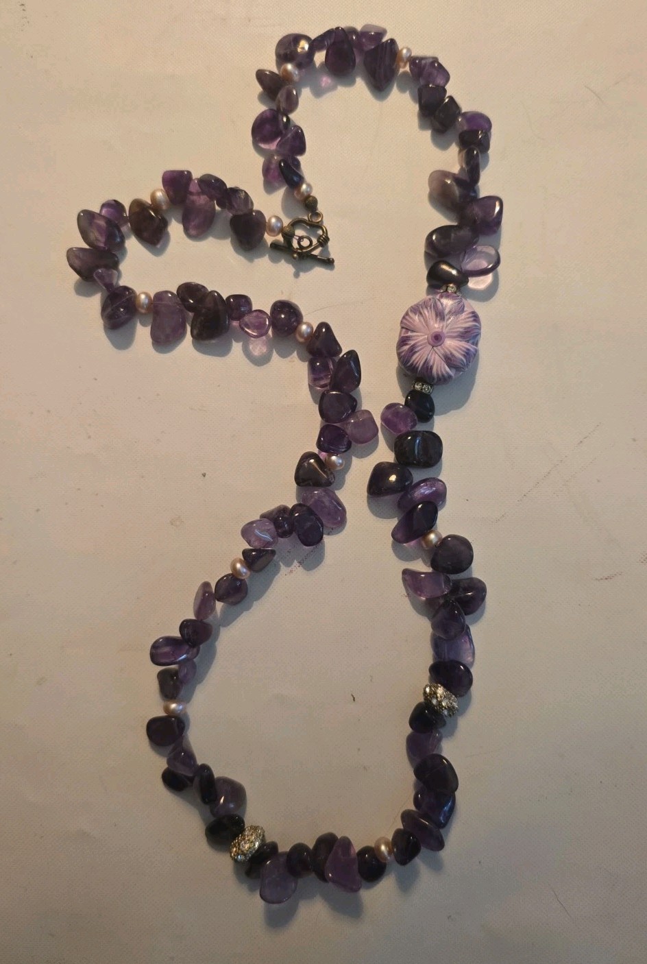 Vintage Amethyst Necklace Dark Purple Tumbled Polished Chips Pearl Rhinestone