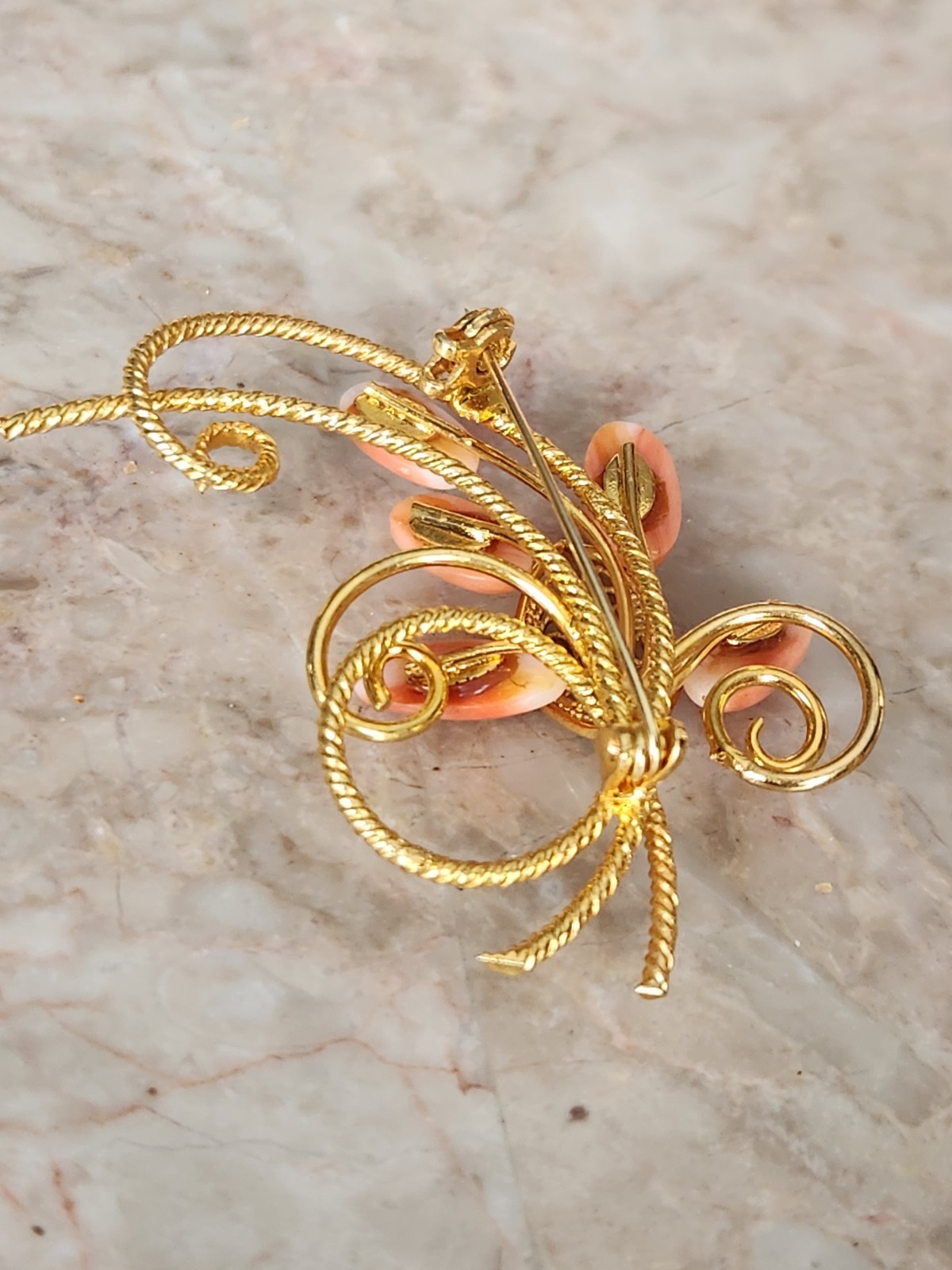 Vintage Angel Skin Coral Oblong Stones Goldtone Cannetille Flower Spray Brooches