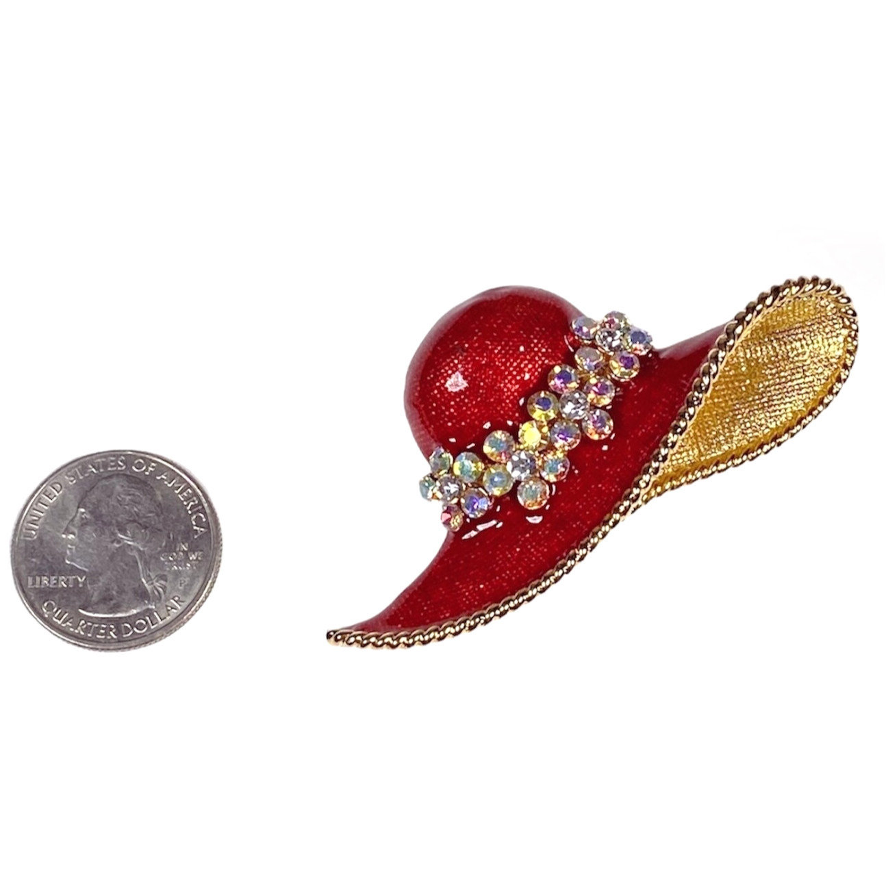 Vintage Red Hat Brooch Aurora Borealis Gold Tone Rhinestone Flower Enameled Pin
