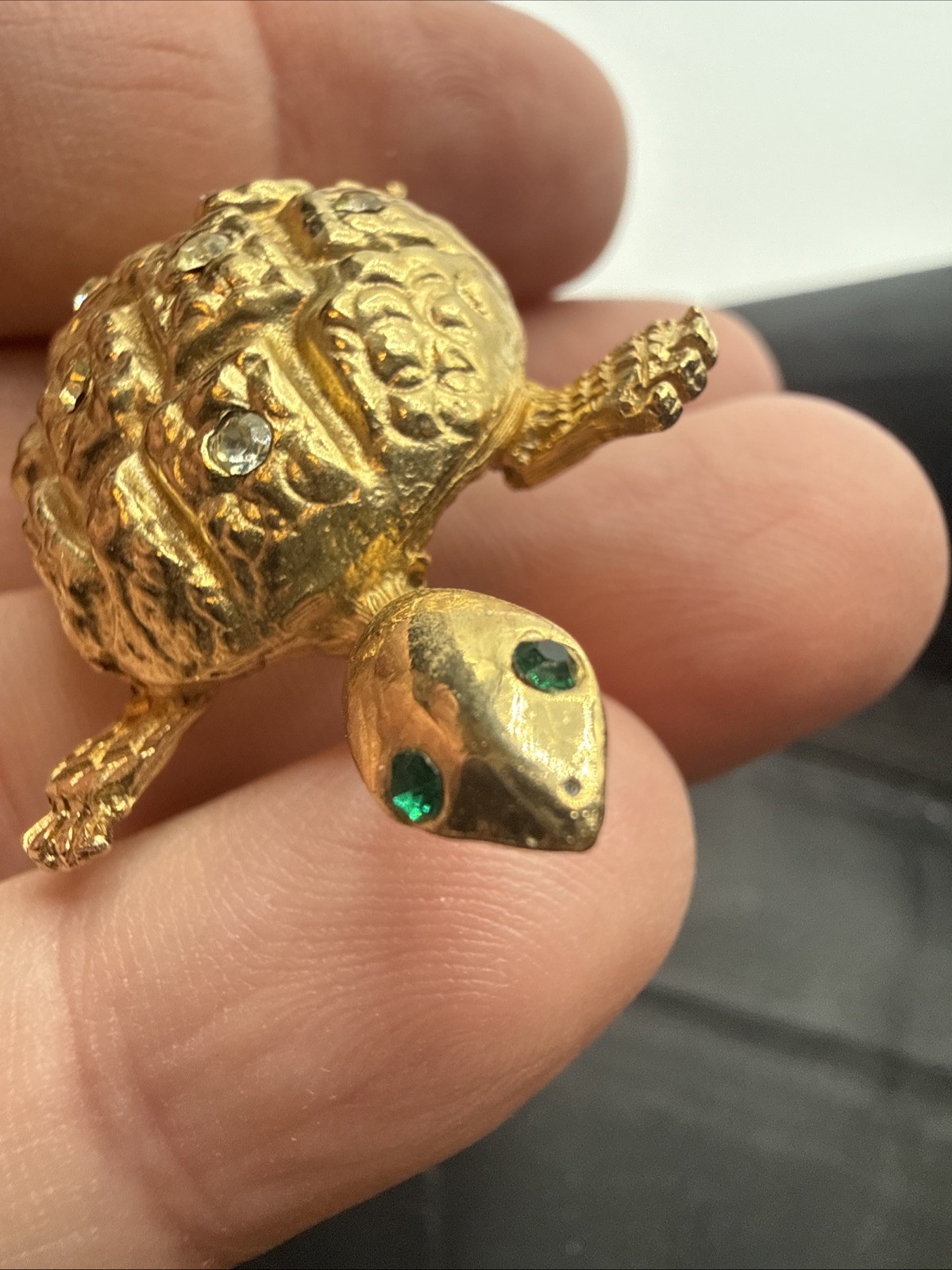Gold Turtle Brooch/Pin With Green Eyes And Clear Stones On Shell Vintage (READ)!