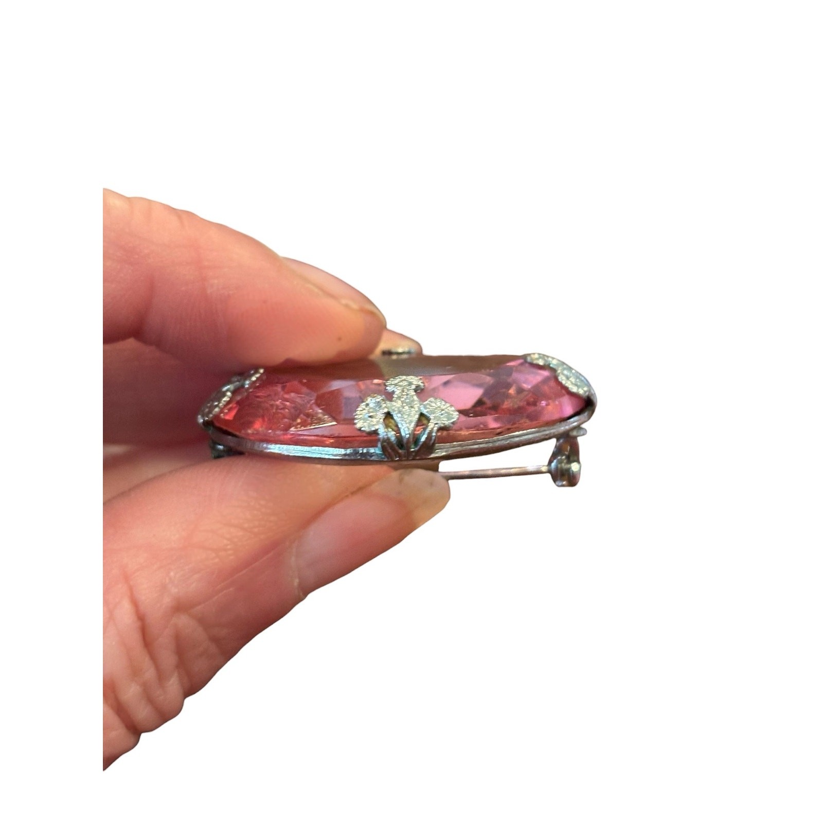 Vintage Pink Art Glass Brooch Faceted Crystal Cabochon Silver Tone Pin