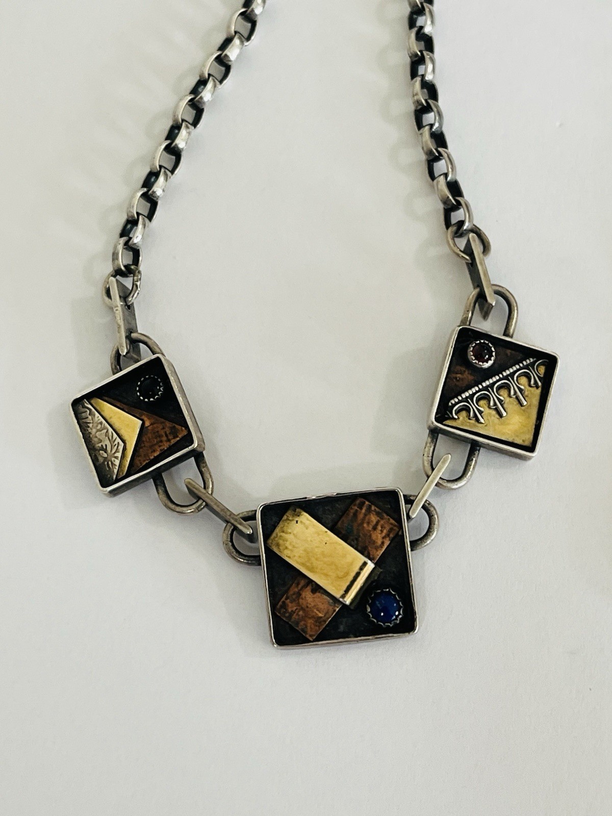 Vintage Signed Modernist Mixed Metal Sterling Silver Stone Link Necklace 32Grams