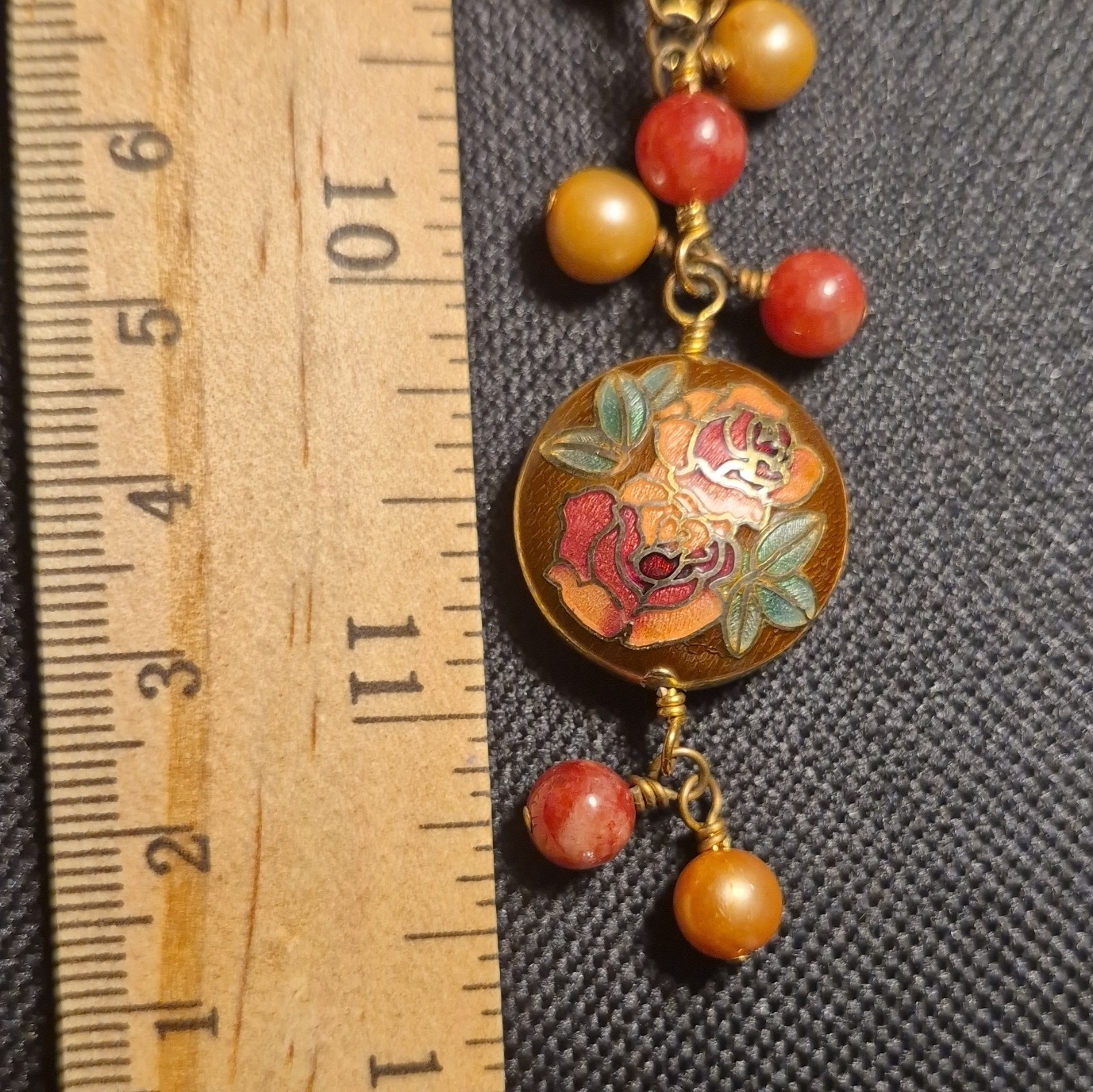 Beaded Necklace 18in Red Gold Glass Brass Floral Charm Pendant Toggle Closure