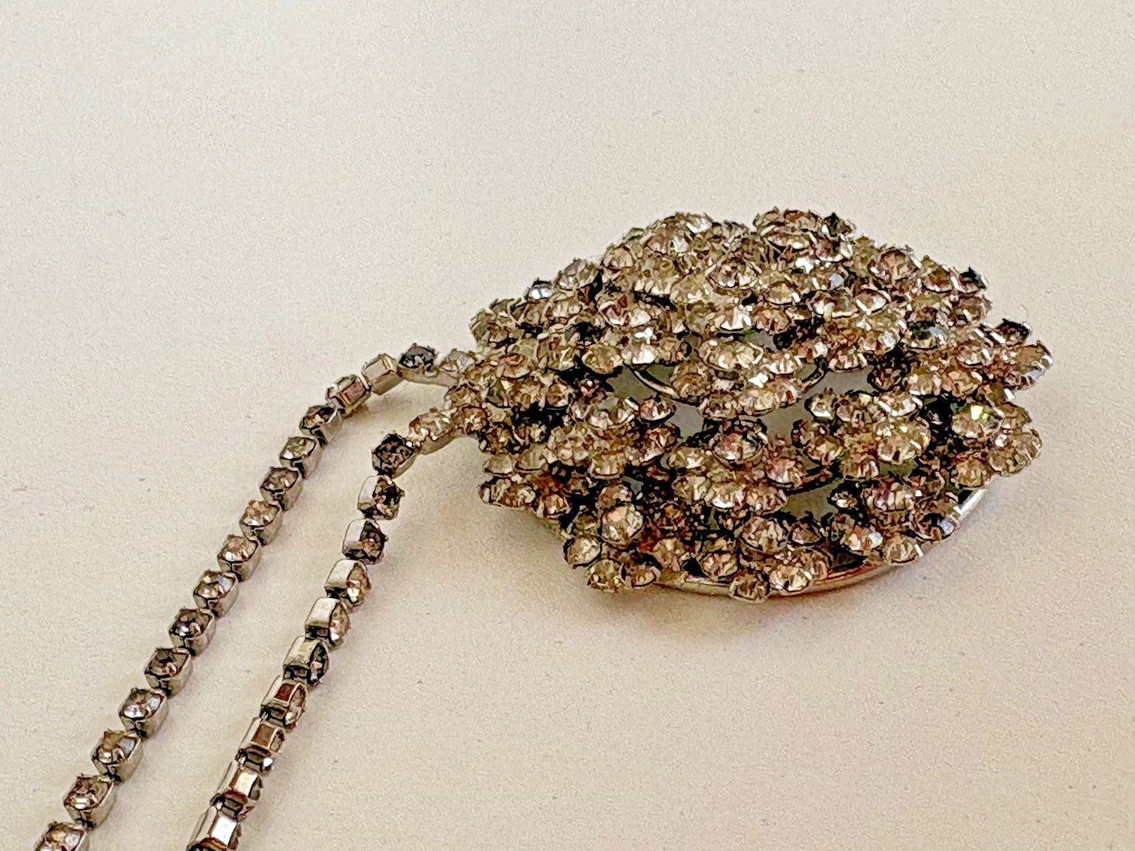 Vintage Rhinestone Floret Necklace 1.75″ Pendant Silver Tone Mid Century