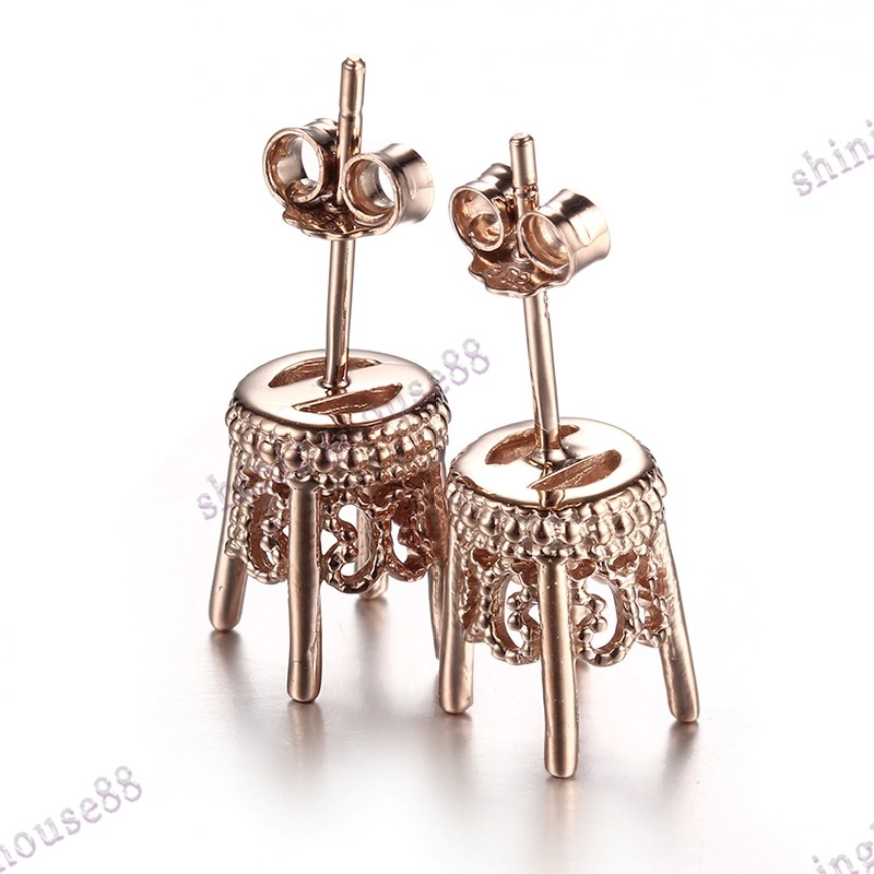 Solid 10k Rose Gold Earrings 7mm Round Cut Mount Vintage Engrave Prong Setting