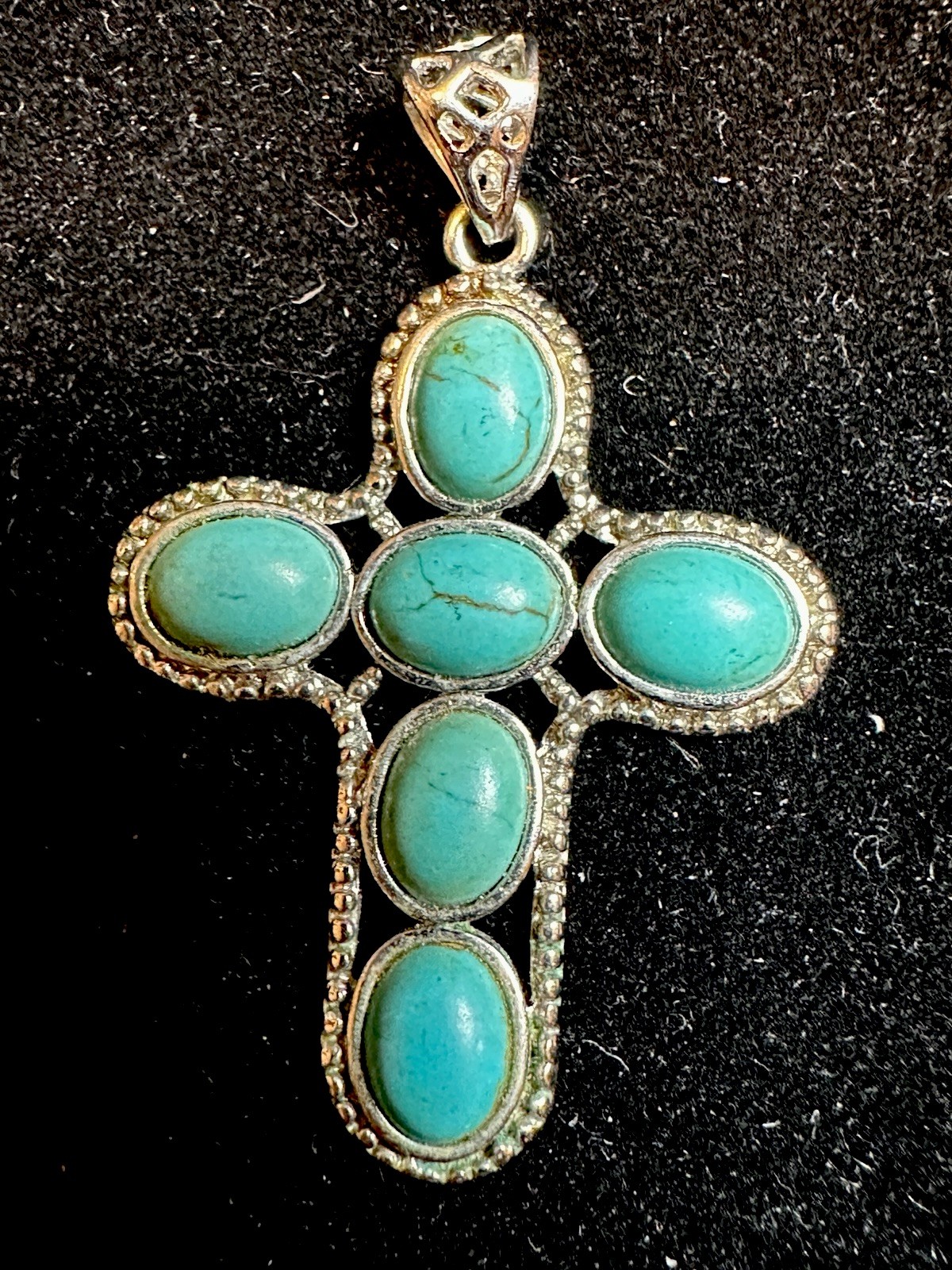 Vintage 1.5” South western style Silver Toned Faux Turquoise Cross