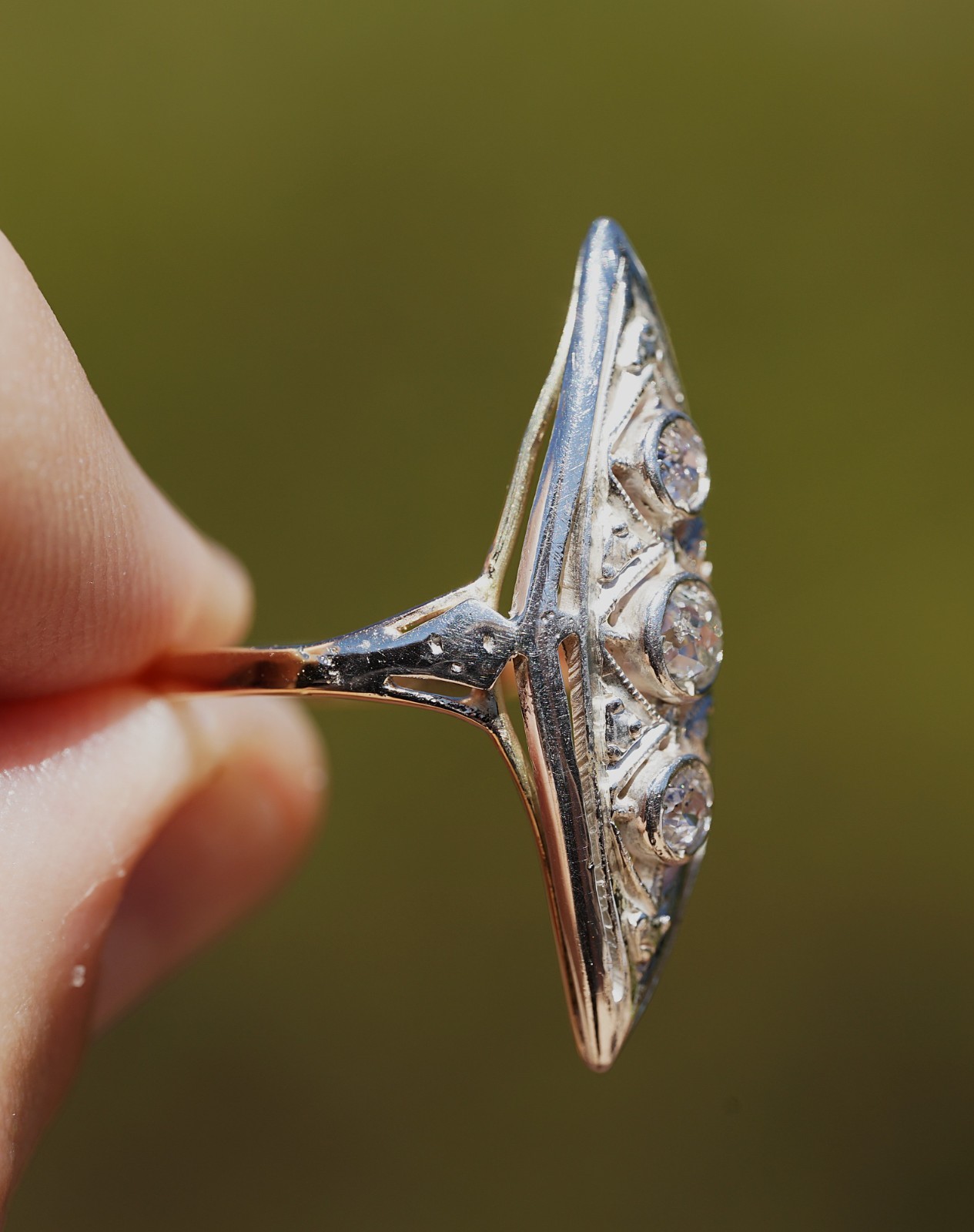 Antique Edwardian 12k Solid Gold Natural Old European Cut Ring Filigree Navette