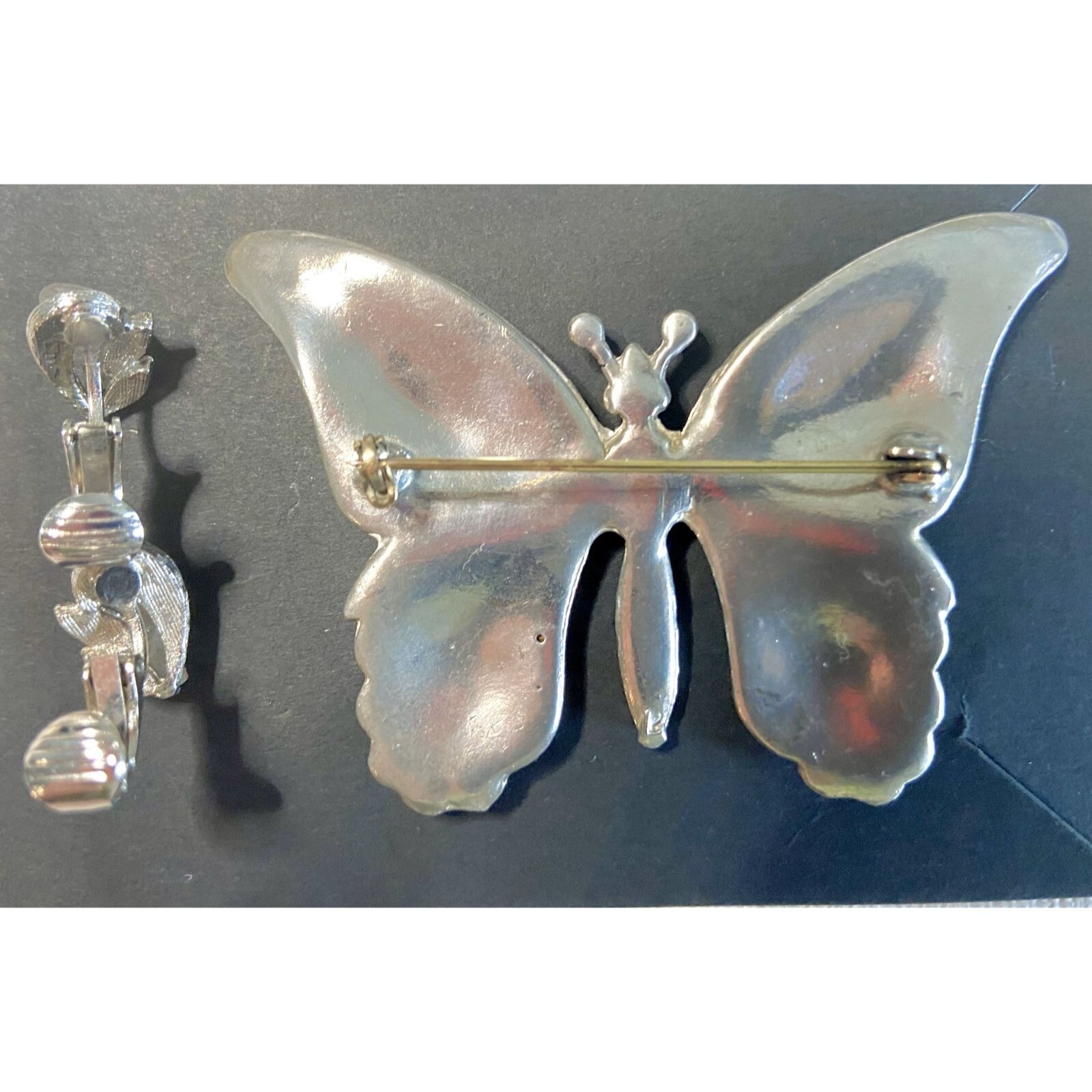 Rhinestone Butterfly Brooch with Rair of Rhinestone Clip On Earrings Set Glam
