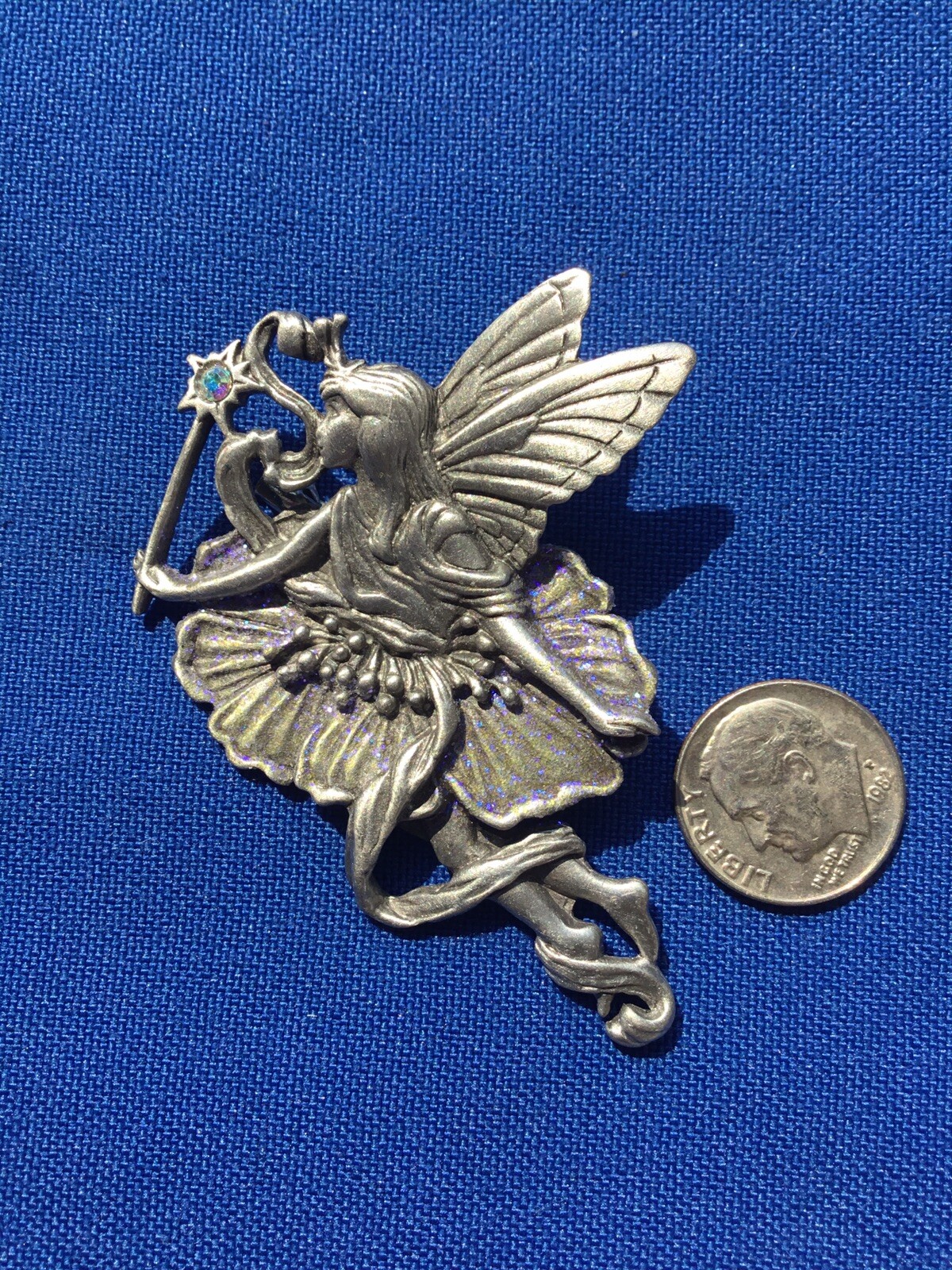 JJ Jonette Pewter Fairy Brooch Whimsical Fantasy Purple Glitter Flower Dress