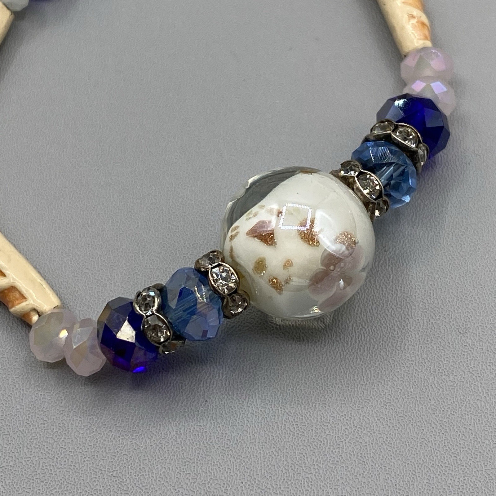 Glass Beaded Bracelet Blue Faceted Fire Polished Cream Tube White Givre Fused 6″