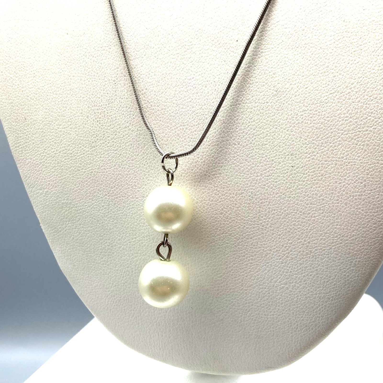 Vintage Double Pearl Drop Pendant on Gwen Stefani Sterling Silver Chain Necklace