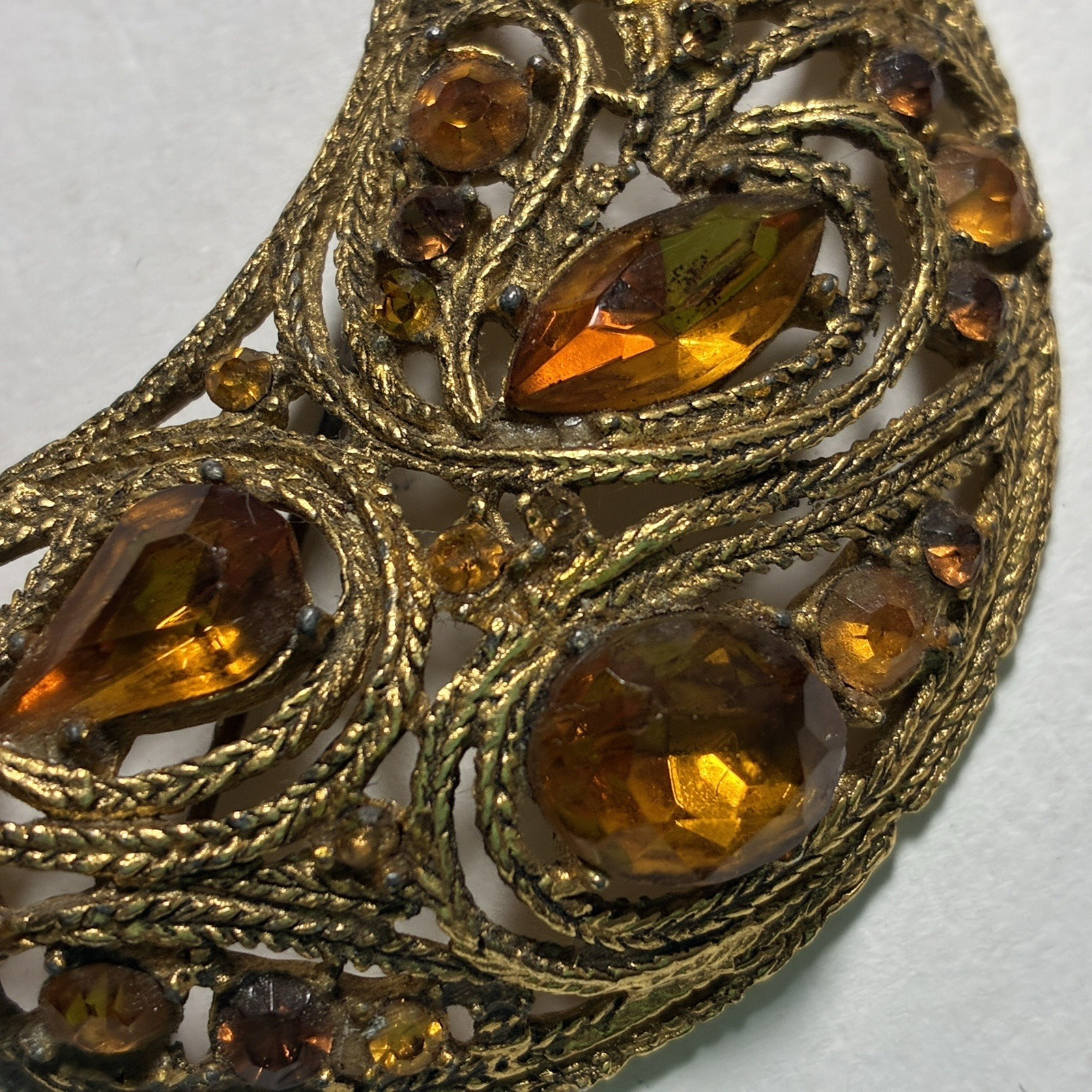 Large Vintage La Roco 1950s Half Moon Crescent Brooch Lapel Pin Faux Amber