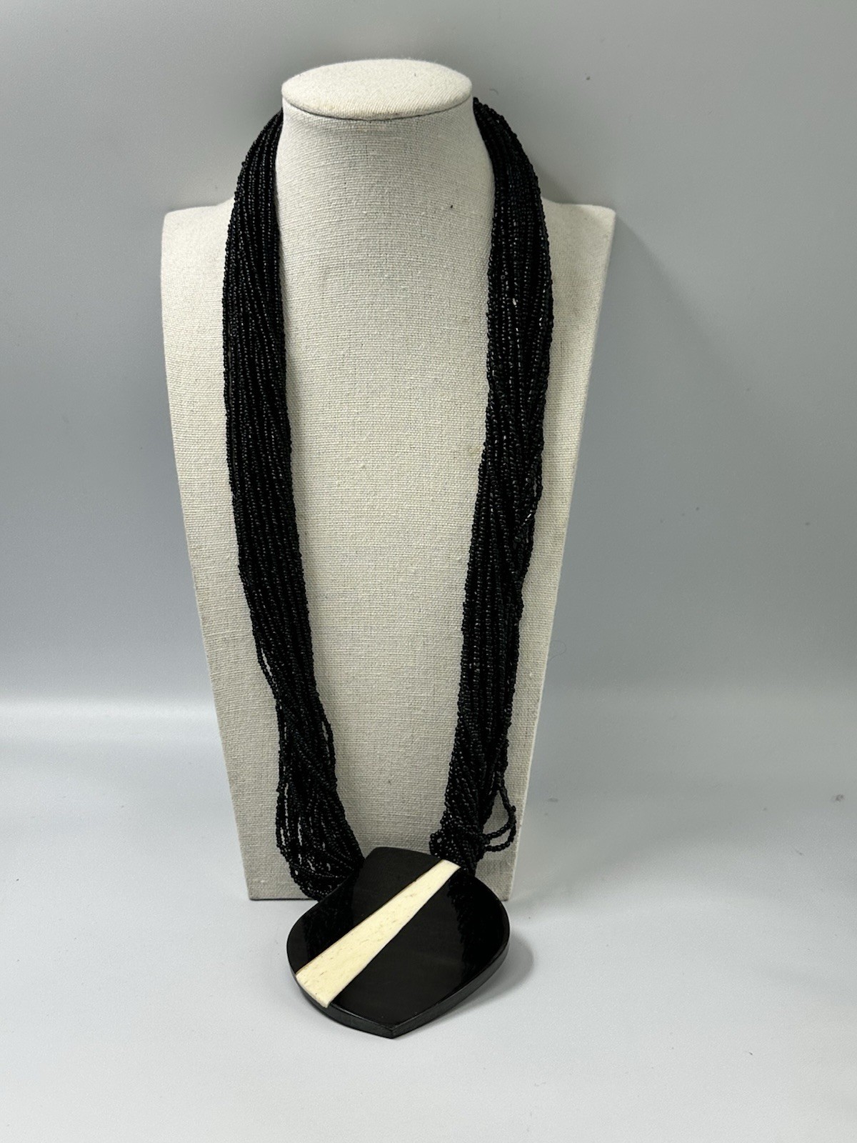 Vintage Black Multi Strand Beaded Statement Necklace Resin Pendant Tribal Collar