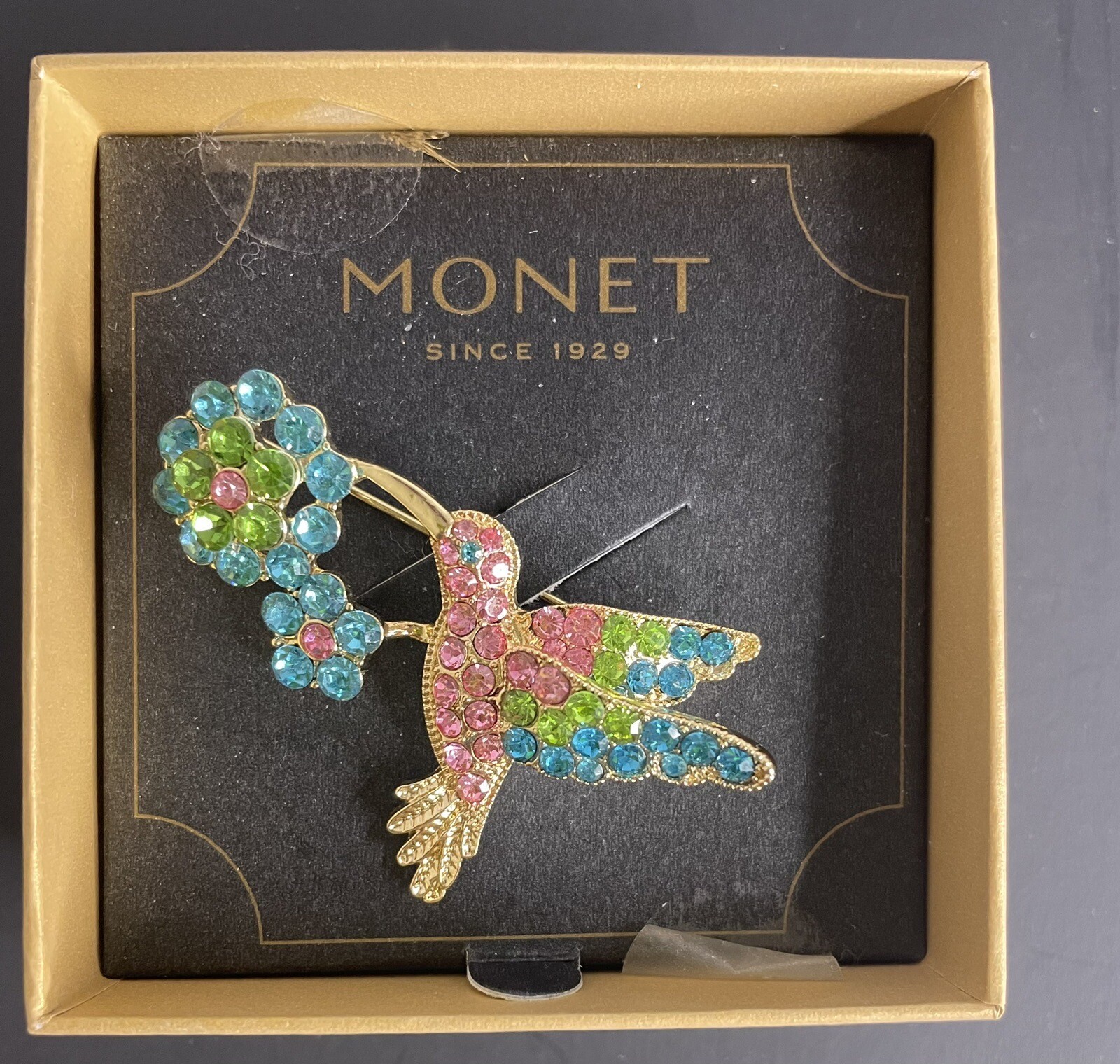 Vintage MONET Vivid Blue Green & Candy Pink Hummingbird Bird & Flower Brooch Pin