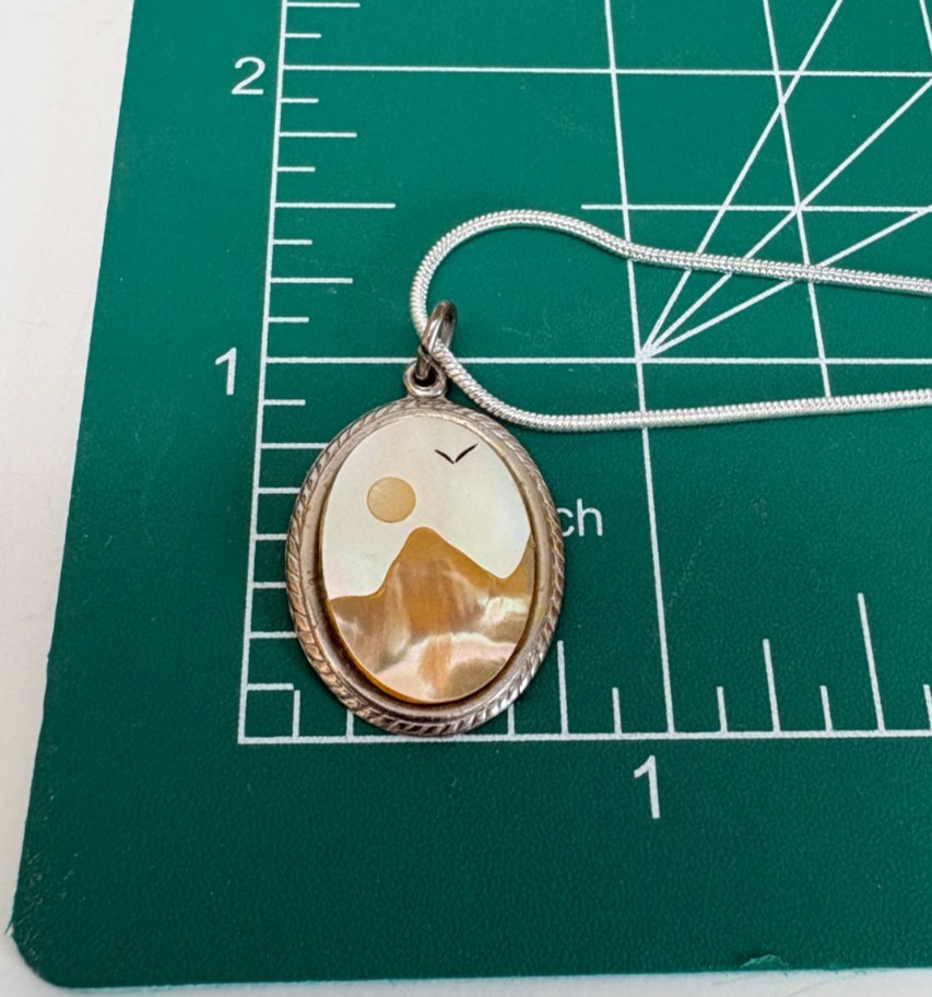 VTG MOP Abalone Mountain Scene Hinged Bracelet & Pendant w/ .925 Silver Necklace