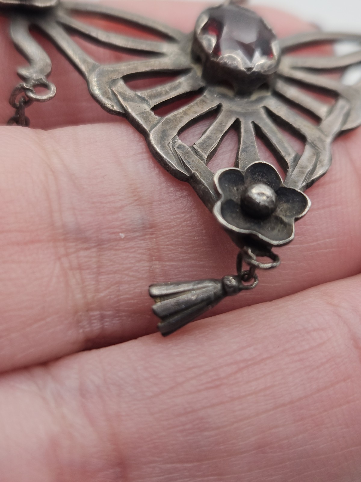 Vintage Victorian Revival Festoon Sterling Red Garnet Flower Necklace As Is