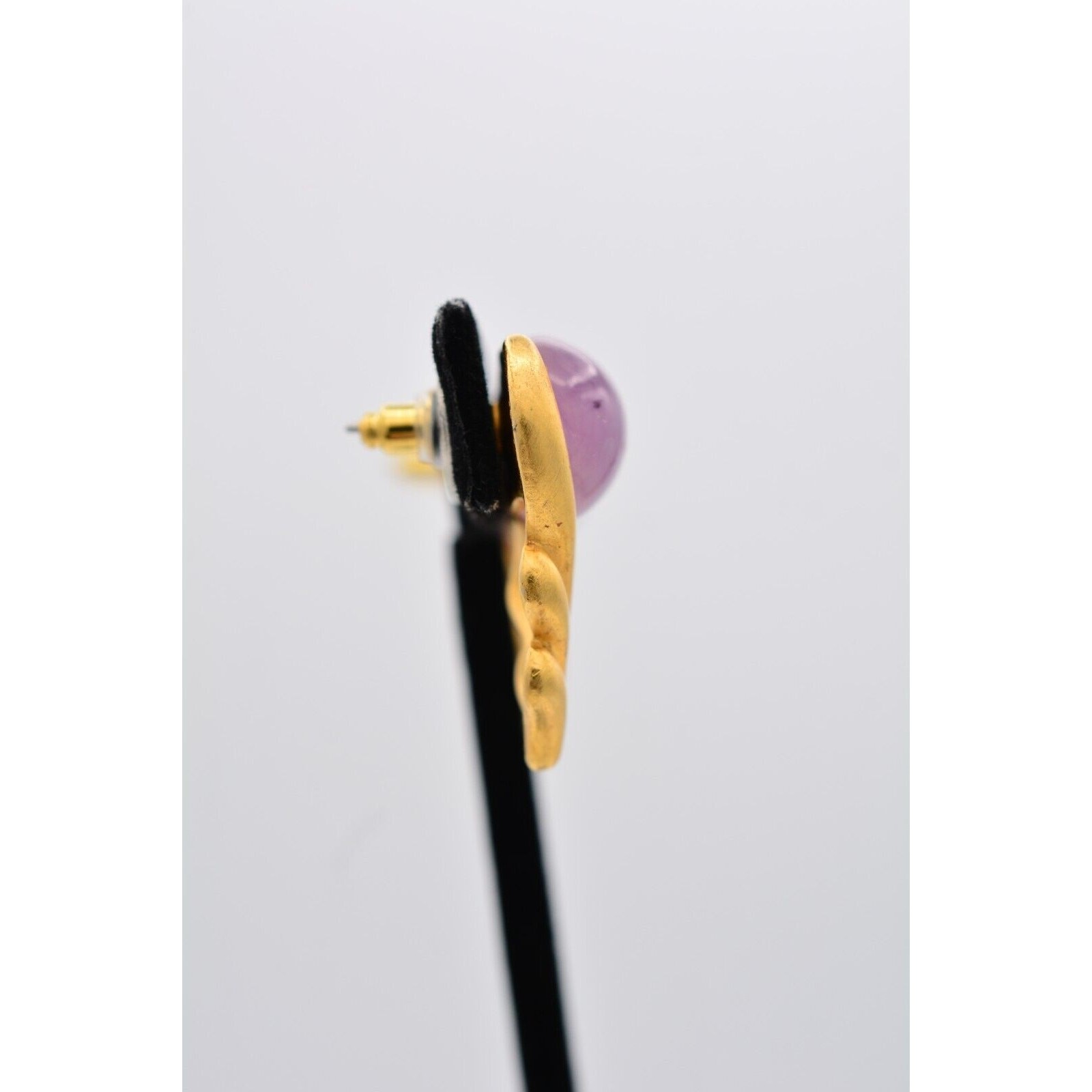 Vintage Cabochon Earrings Purple Marbled Lucite Brushed Gold Dangle Drop 90s 9L