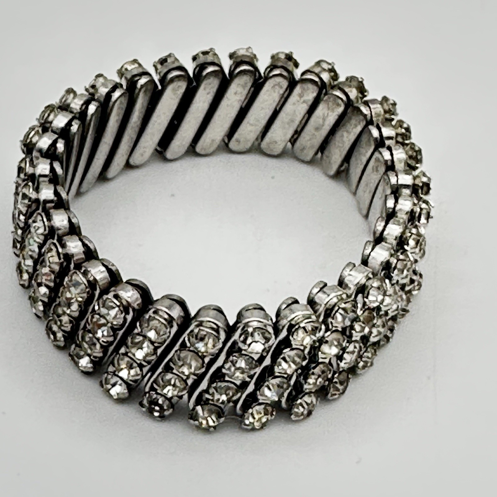 Vtg 40s Expansion Bracelet Accordion Silver Tone Rhinestone Sweetheart Style